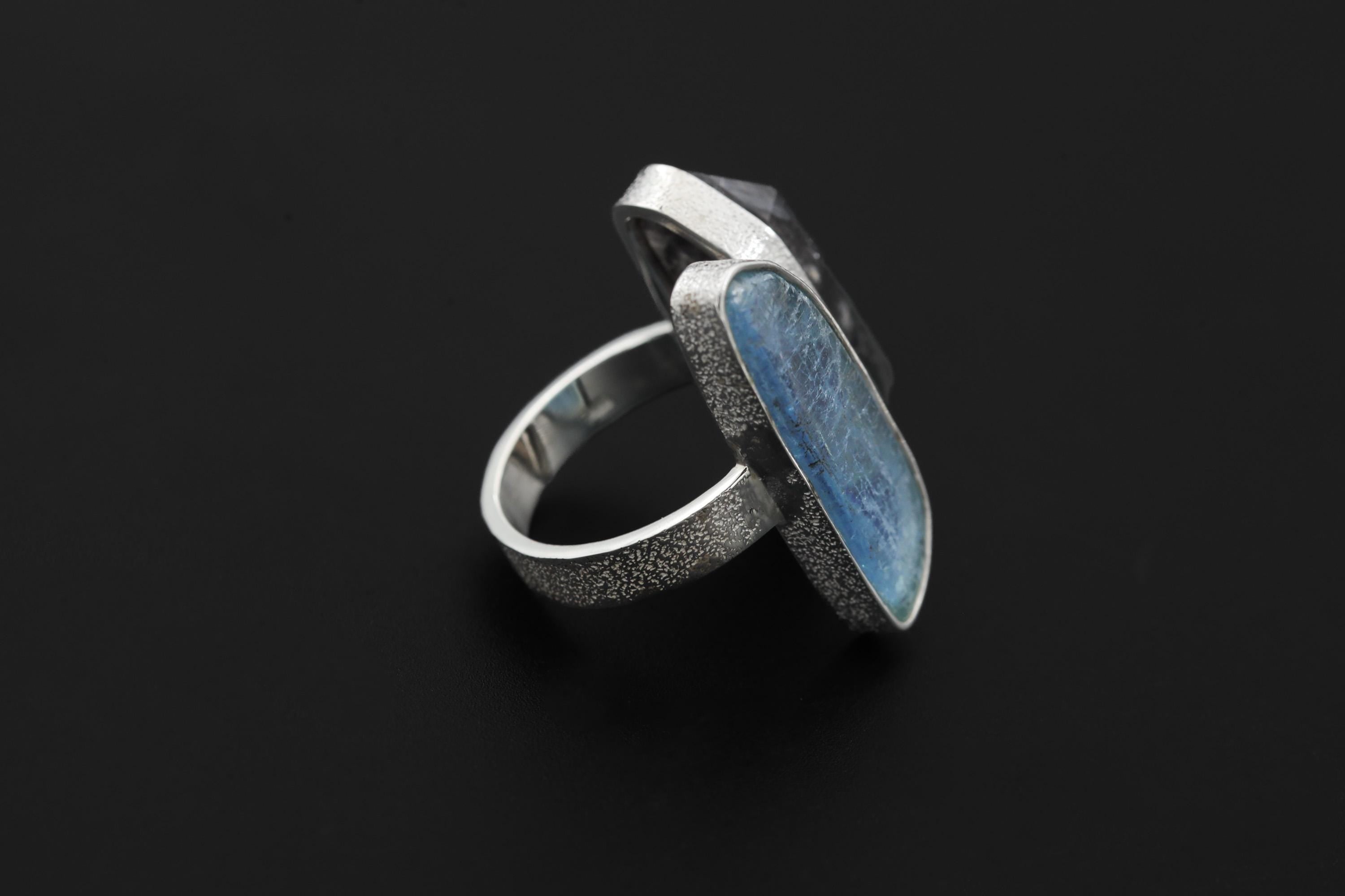 Morella Smoky Quartz Aquamarine Ring 925 Sterling Silver Adjustable Organic Textured Band Root Throat Chakra Gift