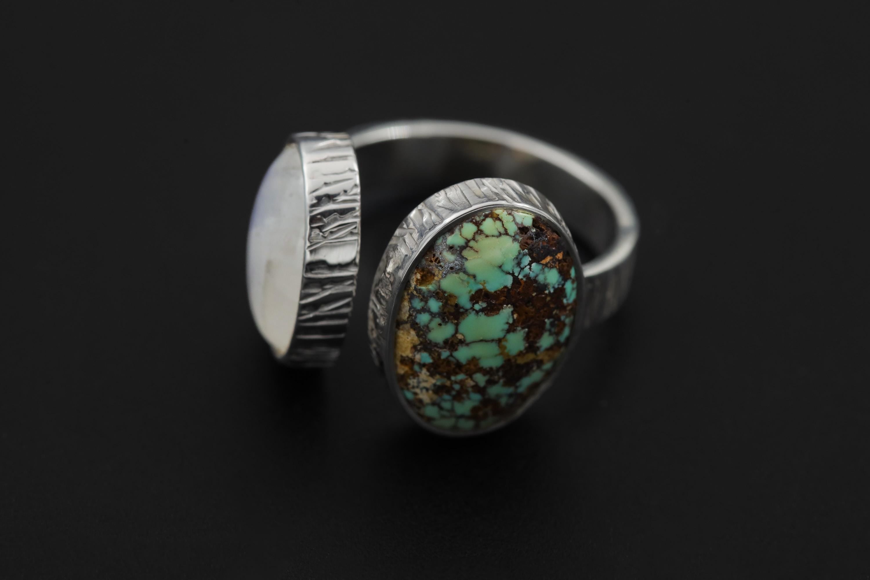 Blue Moonstone Turquoise Ring 925 Sterling Silver Adjustable Hammered Band Third Eye Throat Chakra Gift