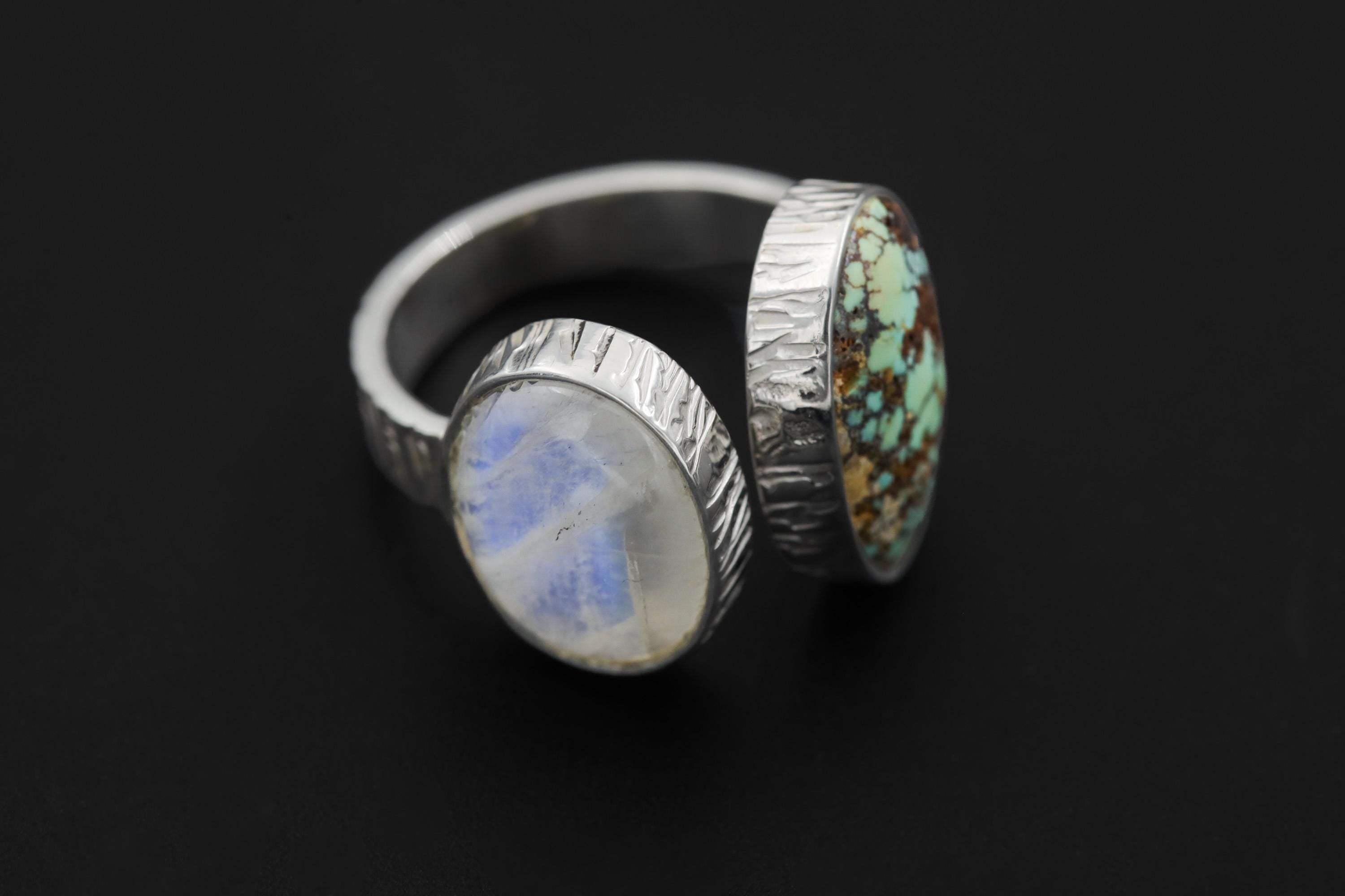 Blue Moonstone Turquoise Ring 925 Sterling Silver Adjustable Hammered Band Third Eye Throat Chakra Gift