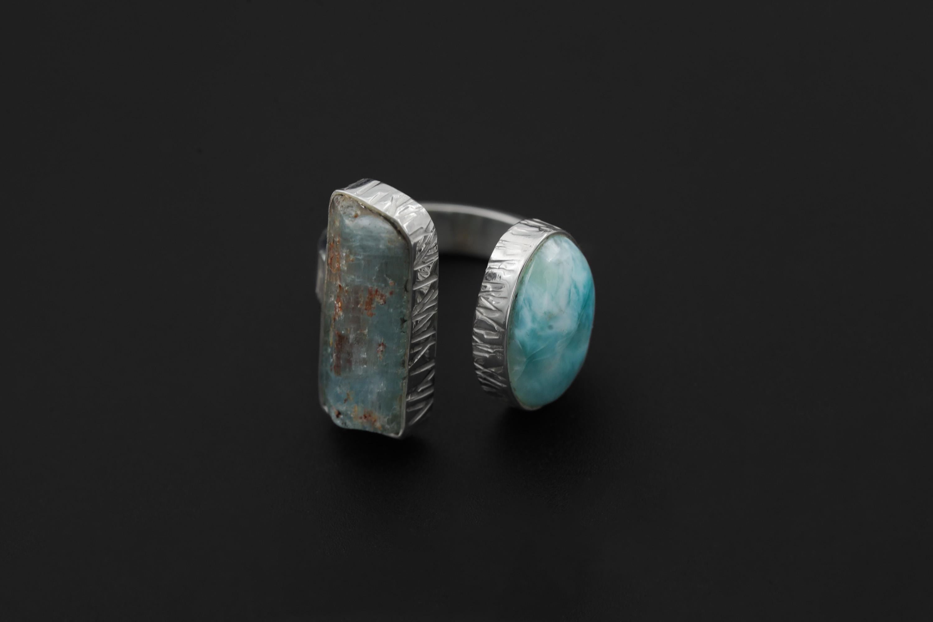 Aquamarine Larimar Ring 925 Sterling Silver Adjustable Band Raw Crystal Throat Heart Chakra Ocean Gift