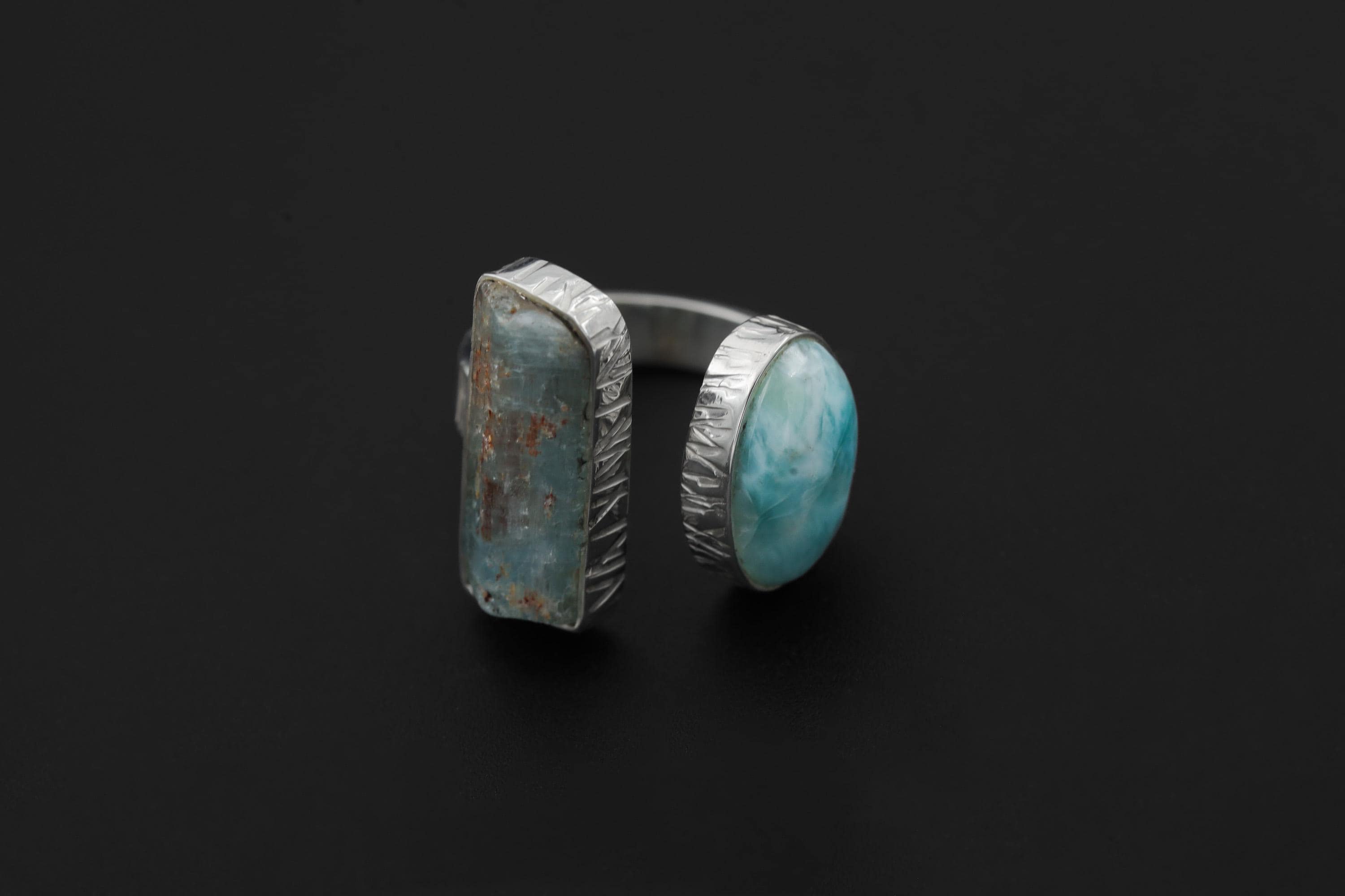 Aquamarine Larimar Ring 925 Sterling Silver Adjustable Band Raw Crystal Throat Heart Chakra Ocean Gift