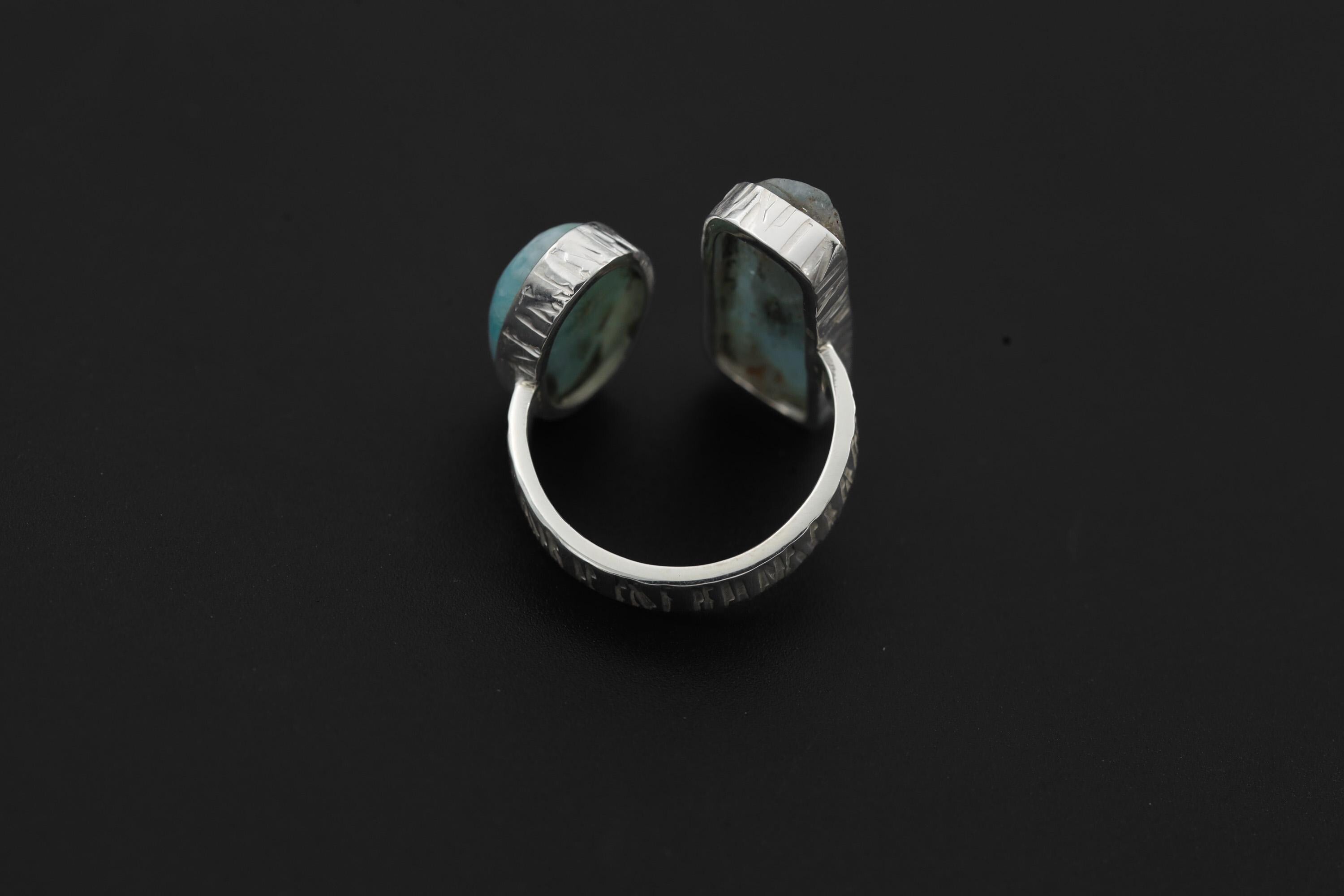 Handmade Aquamarine Larimar Ring, Adjustable Sterling Silver Band