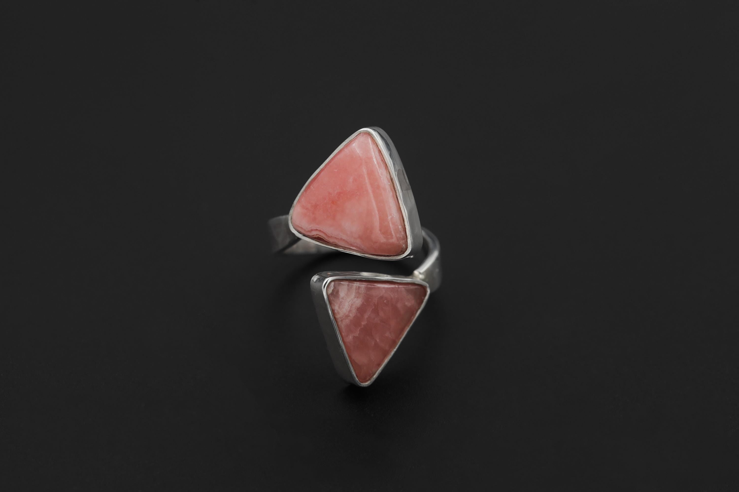 Triangle Rhodochrosite Ring 925 Silver Adjustable Open Ring Hammered Texture Pink Stone Statement Jewelry