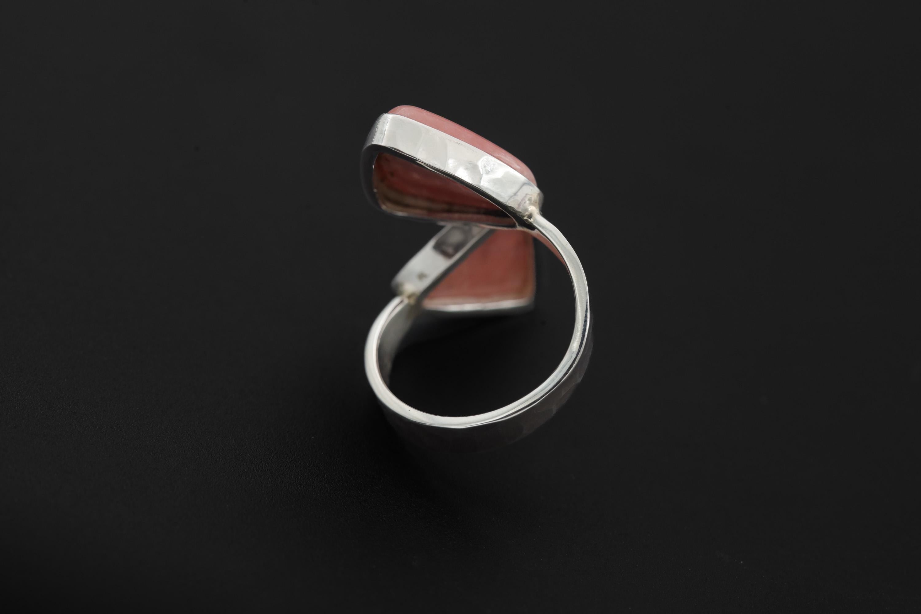 Triangle Rhodochrosite Ring 925 Silver Adjustable Open Ring Hammered Texture Pink Stone Statement Jewelry