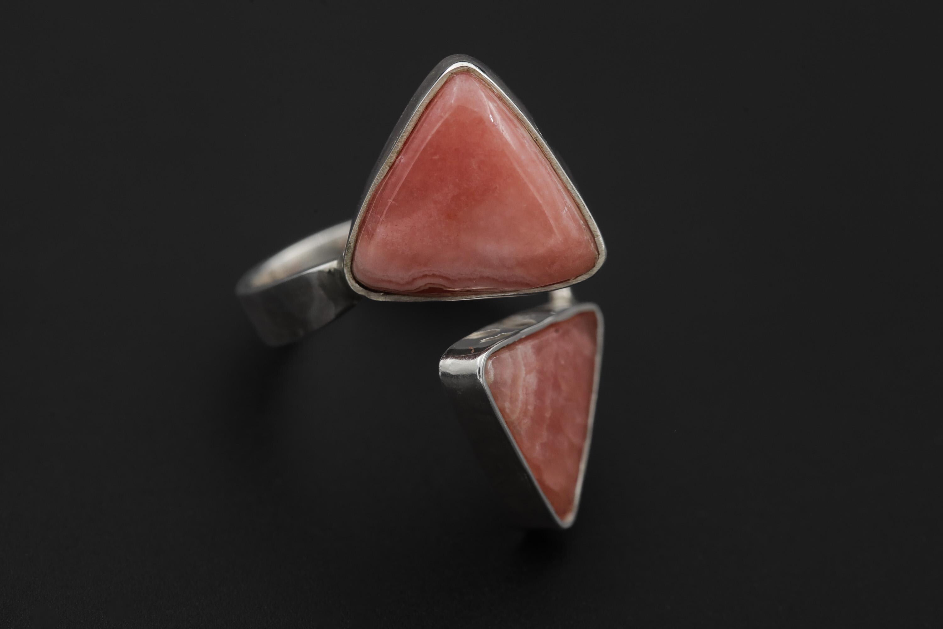Triangle Rhodochrosite Ring 925 Silver Adjustable Open Ring Hammered Texture Pink Stone Statement Jewelry