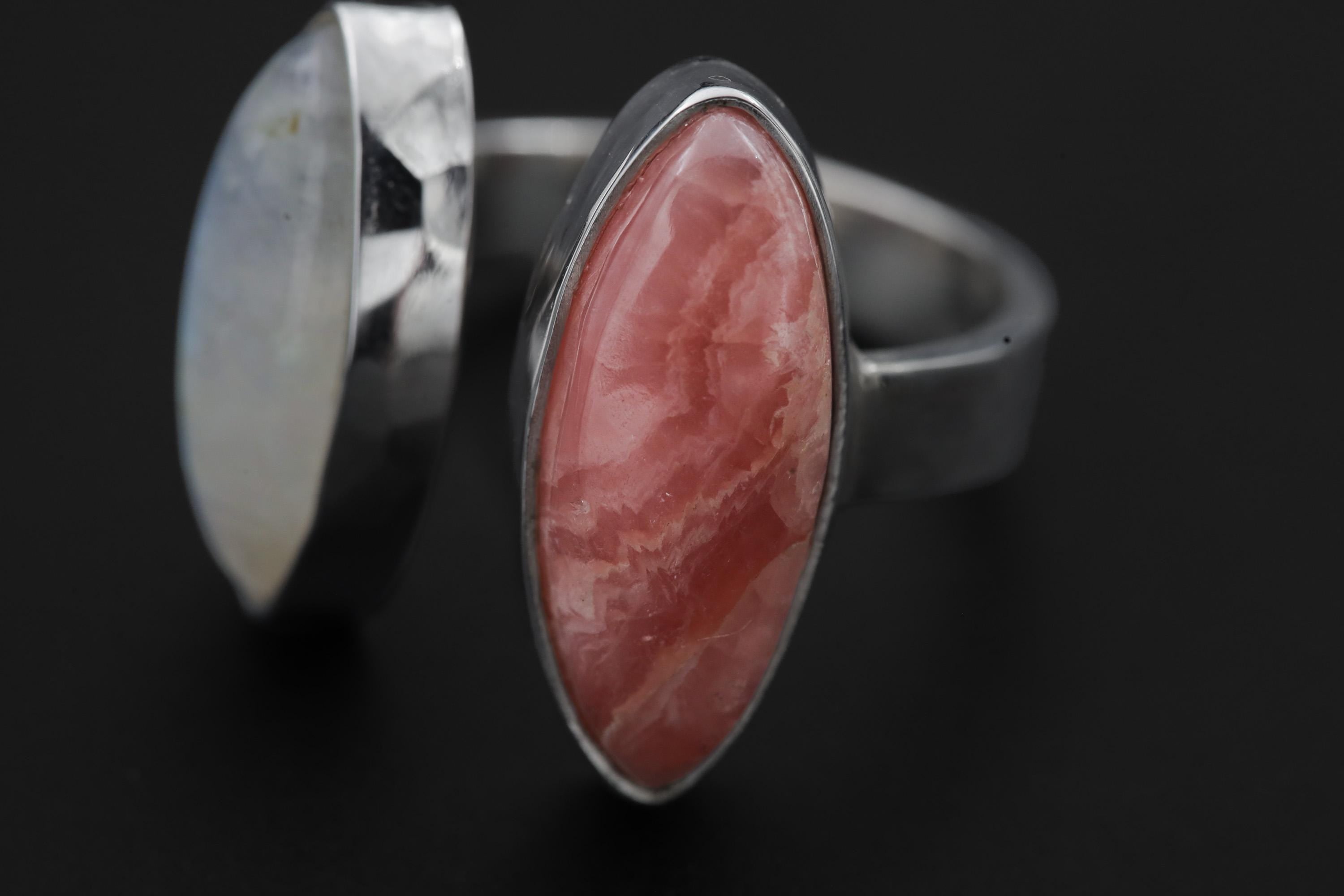 Rhodochrosite Moonstone Ring 925 Silver Adjustable Open Ring Hammered Texture Pink Blue Statement Jewelry