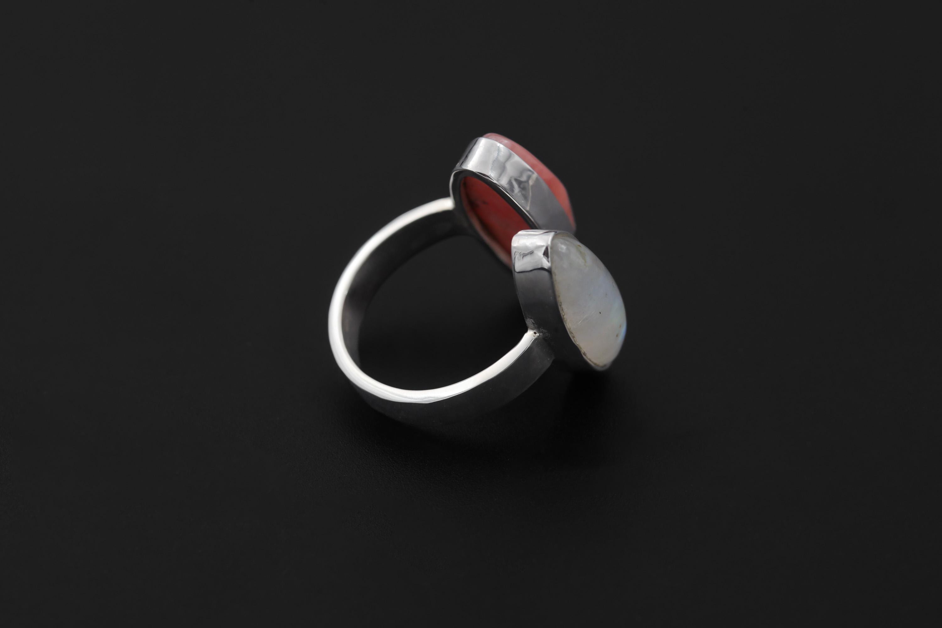 Rhodochrosite Moonstone Ring 925 Silver Adjustable Open Ring Hammered Texture Pink Blue Statement Jewelry
