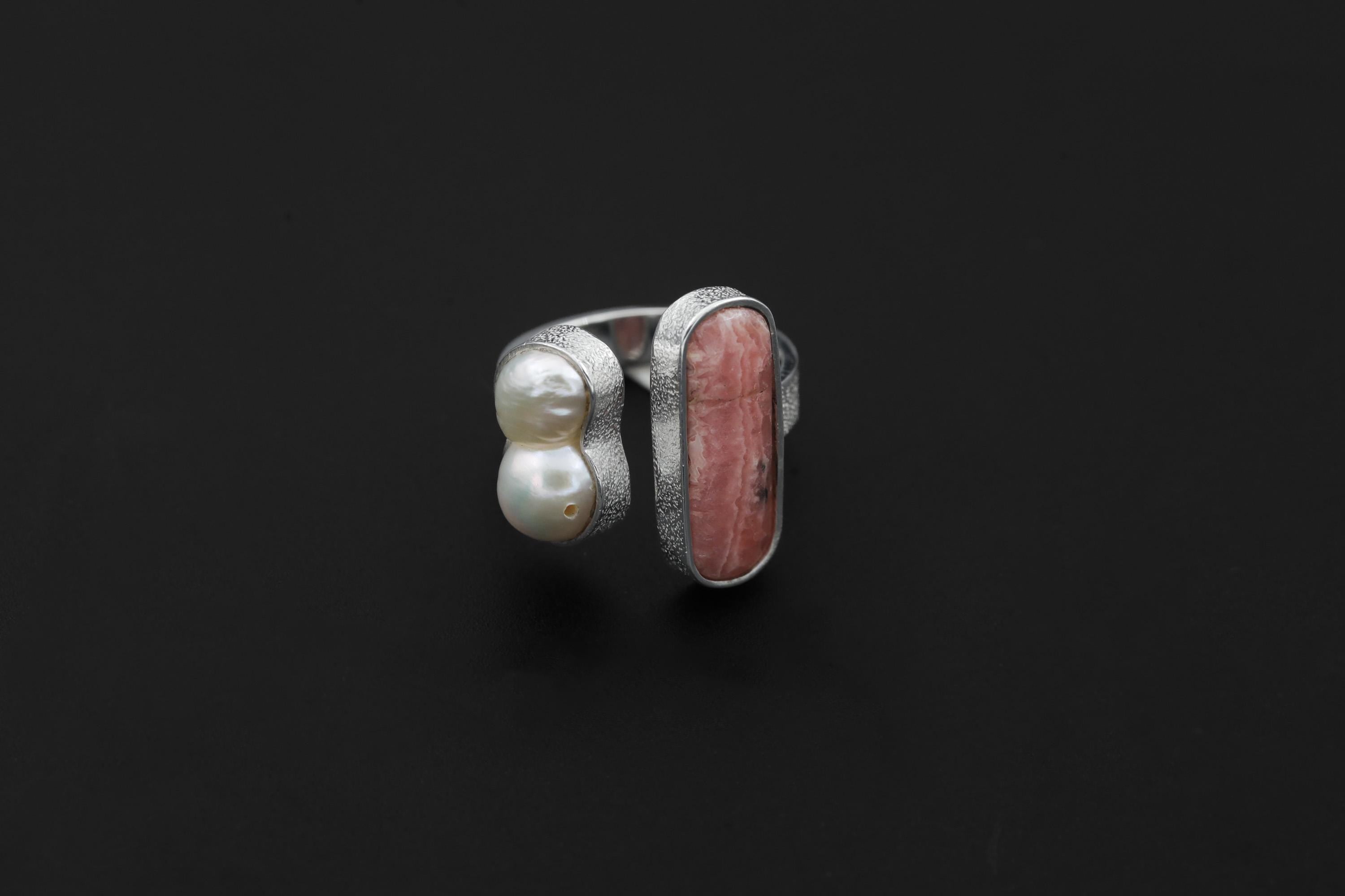 Baroque Pearl Rhodochrosite Ring 925 Silver Adjustable Open Ring Organic Texture Statement Jewelry