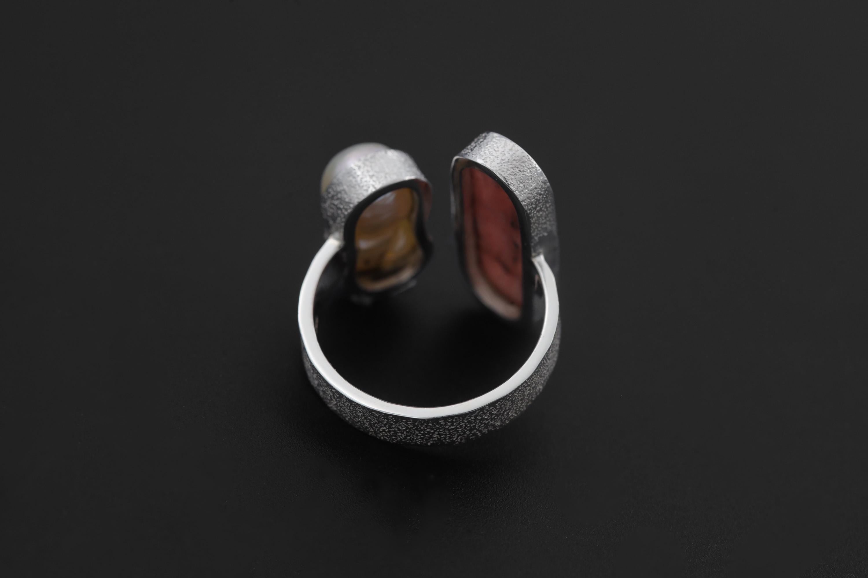 Baroque Pearl Rhodochrosite Ring 925 Silver Adjustable Open Ring Organic Texture Statement Jewelry