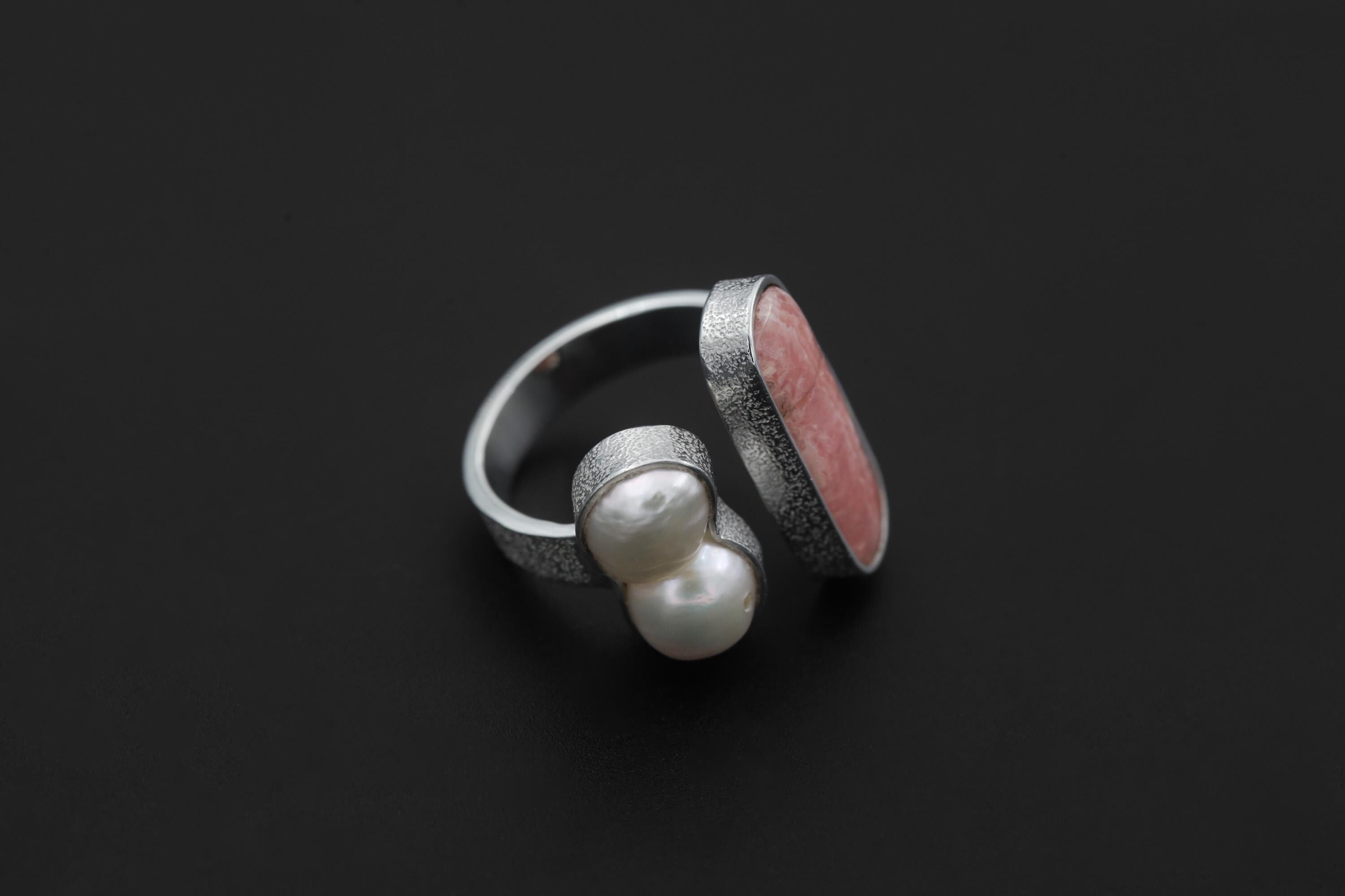 Baroque Pearl Rhodochrosite Ring 925 Silver Adjustable Open Ring Organic Texture Statement Jewelry