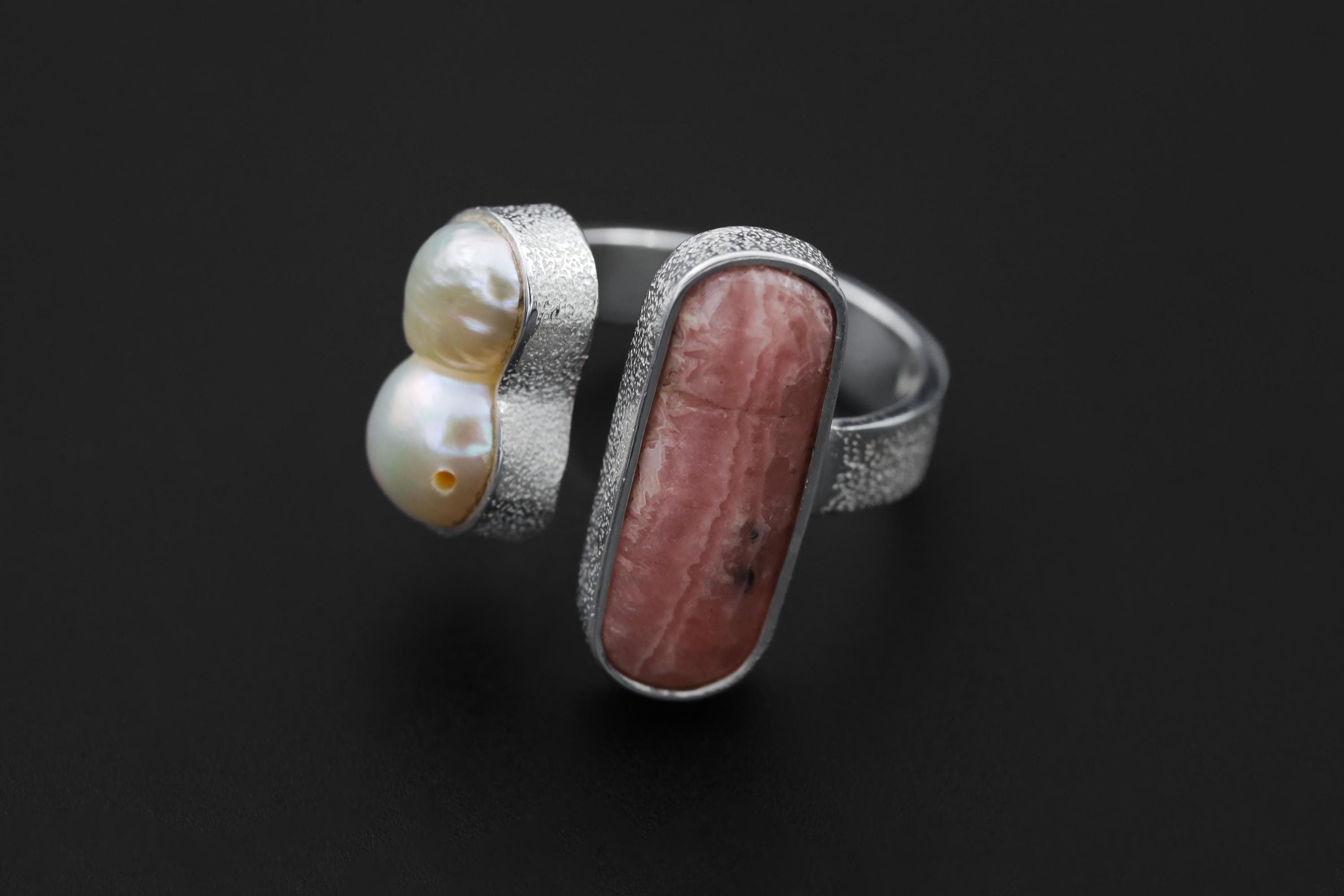 Baroque Pearl Rhodochrosite Ring 925 Sterling Silver Adjustable Heart Crown Chakra Handmade Jewelry Gift