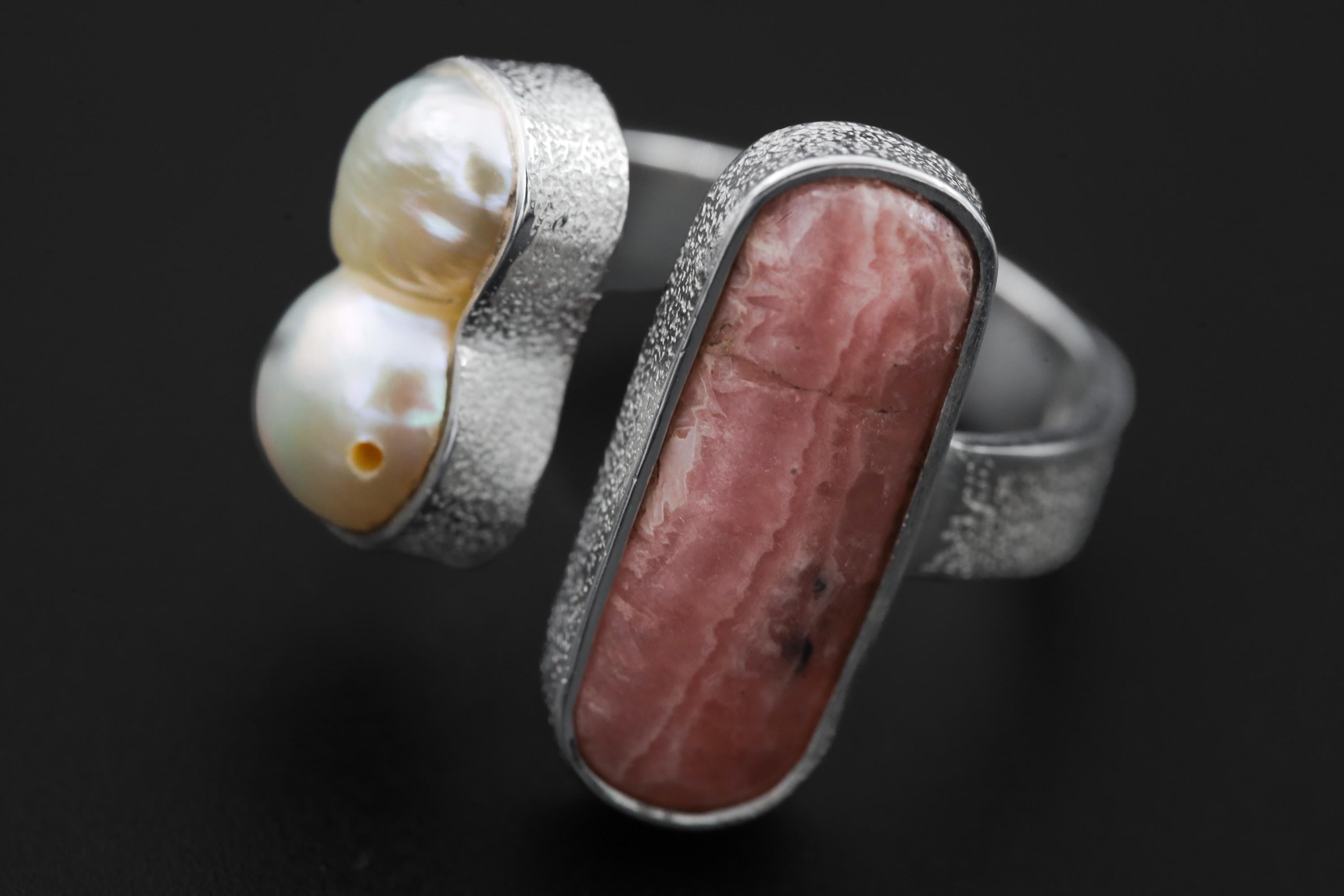 Baroque Pearl Rhodochrosite Ring 925 Silver Adjustable Open Ring Organic Texture Statement Jewelry