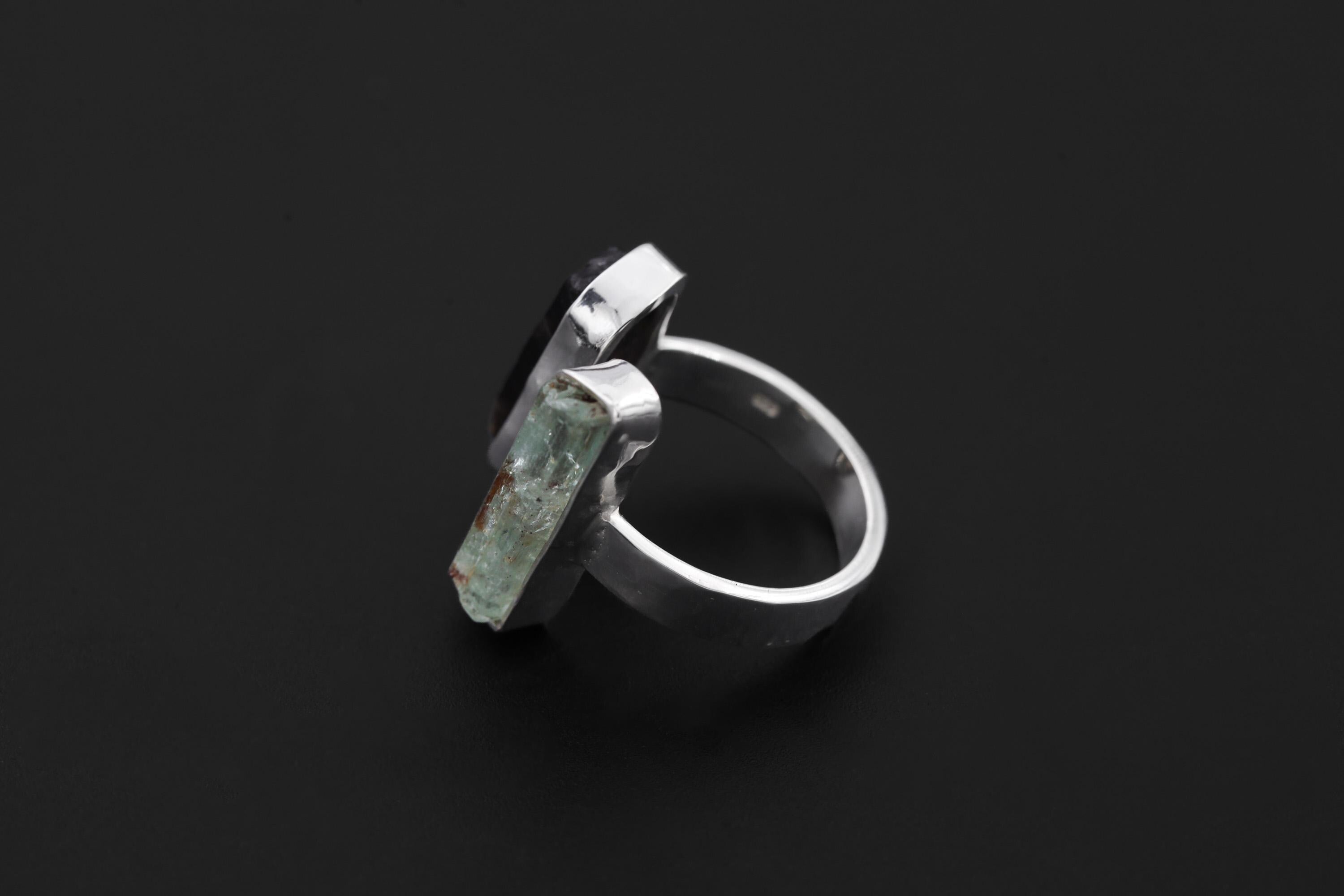 Smoky Quartz Aquamarine Dual Stone Ring, Hammered Sterling Silver Band, Adjustable Open Ring