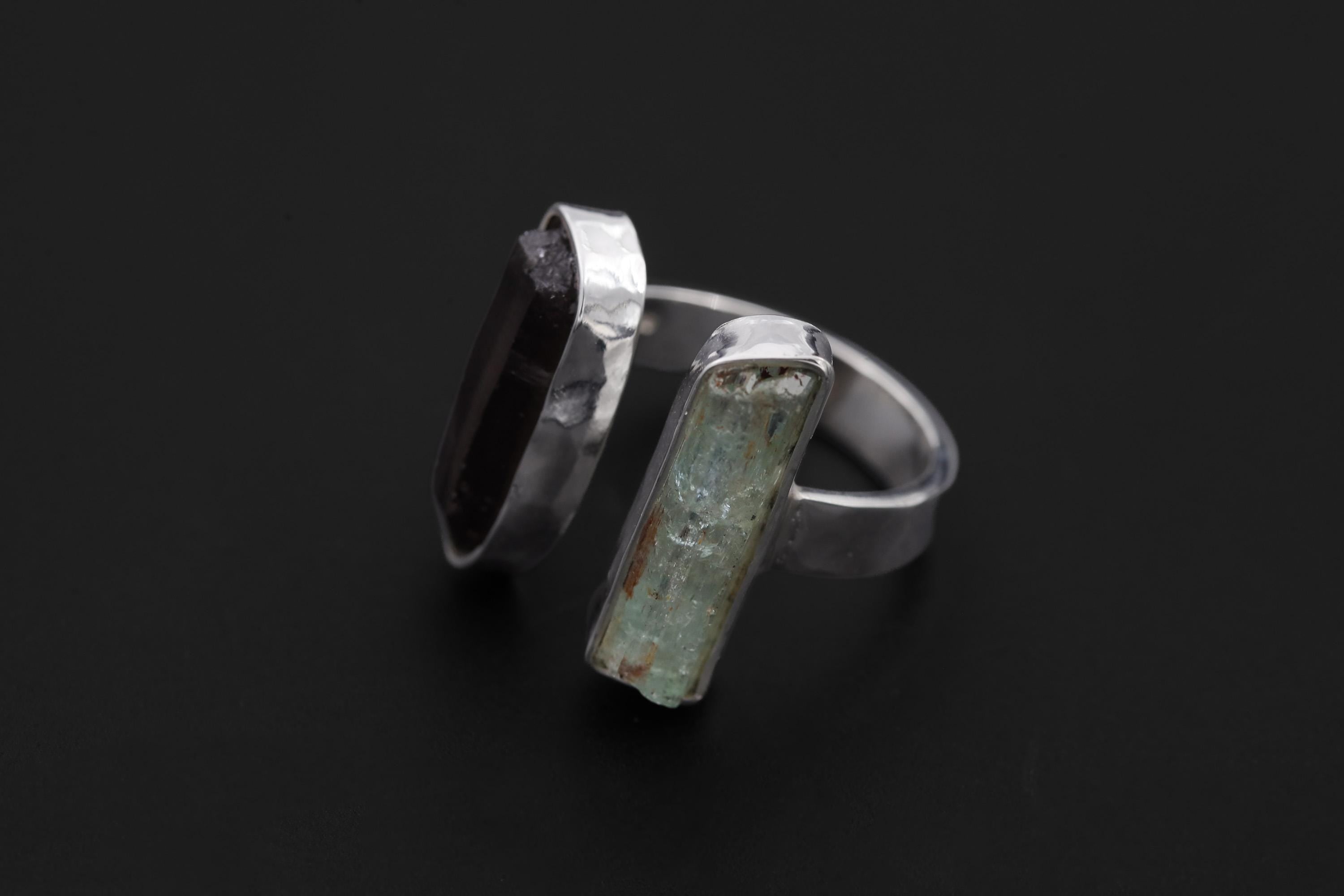 Smoky Quartz Aquamarine Dual Stone Ring, Hammered Sterling Silver Band, Adjustable Open Ring
