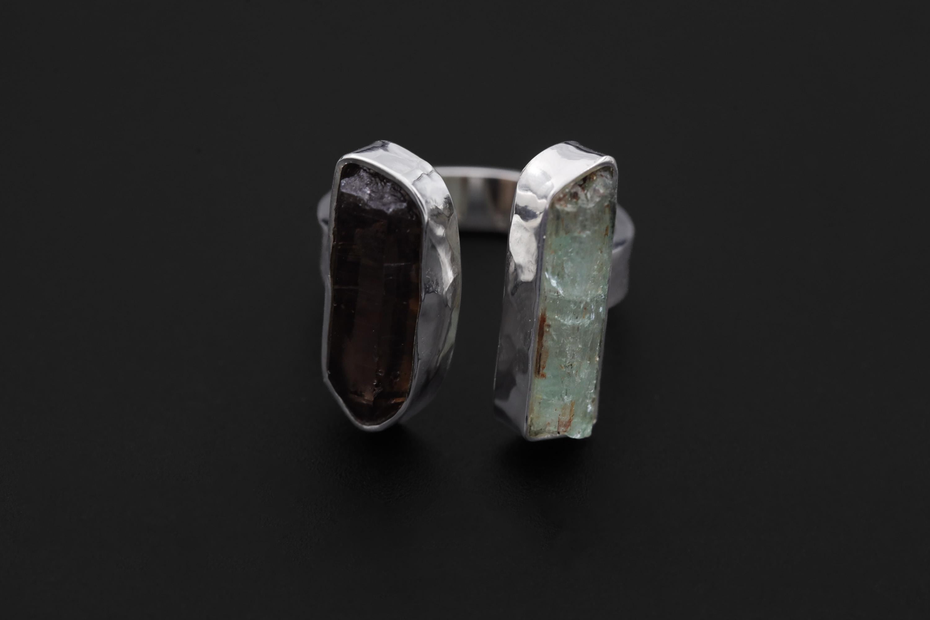 Smoky Quartz Aquamarine Dual Stone Ring, Hammered Sterling Silver Band, Adjustable Open Ring