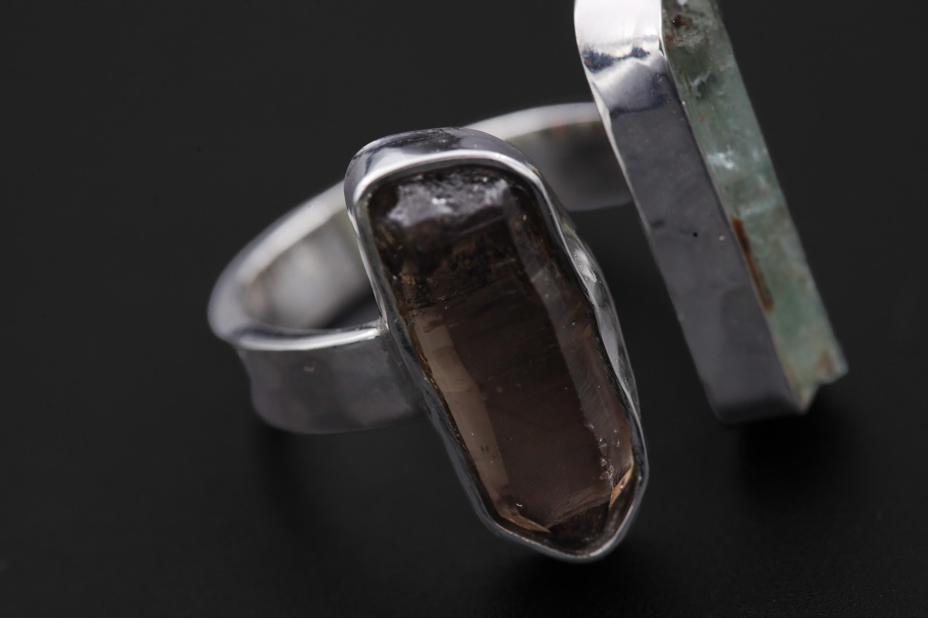Smoky Quartz Aquamarine Dual Stone Ring, Hammered Sterling Silver Band, Adjustable Open Ring