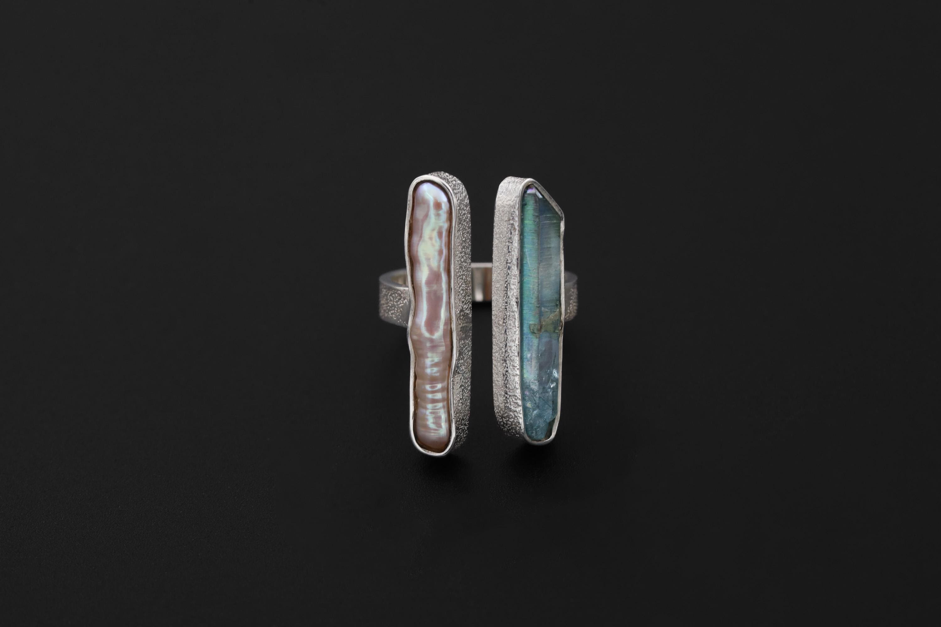 Pearl Aqua Aura Quartz Ring 925 Silver Adjustable Open Ring Organic Texture Statement Jewelry