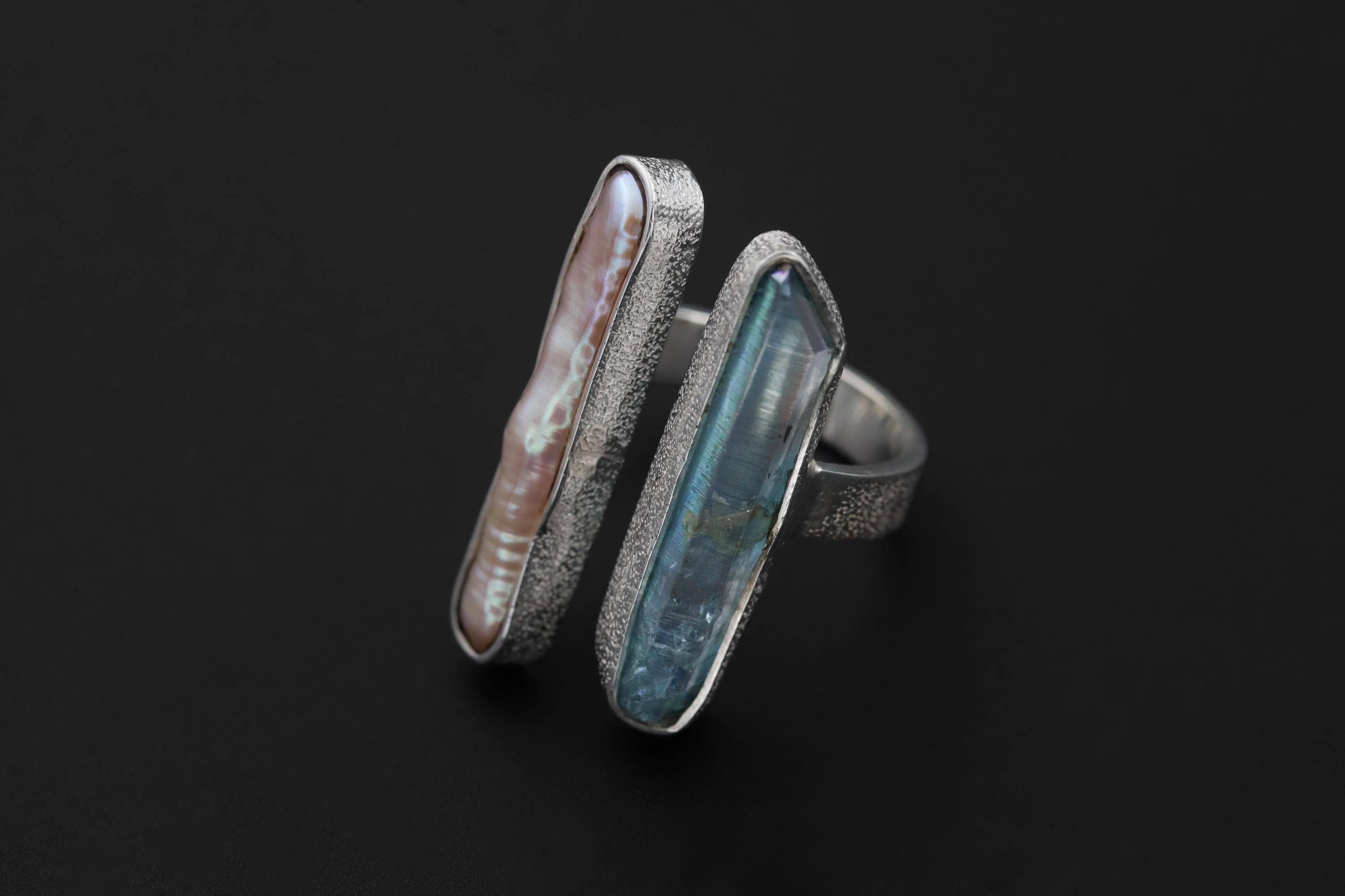 Pearl Aqua Aura Quartz Ring 925 Silver Adjustable Open Ring Organic Texture Statement Jewelry