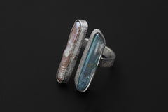 Pearl Aqua Aura Quartz Ring 925 Silver Adjustable Open Ring Organic Texture Statement Jewelry