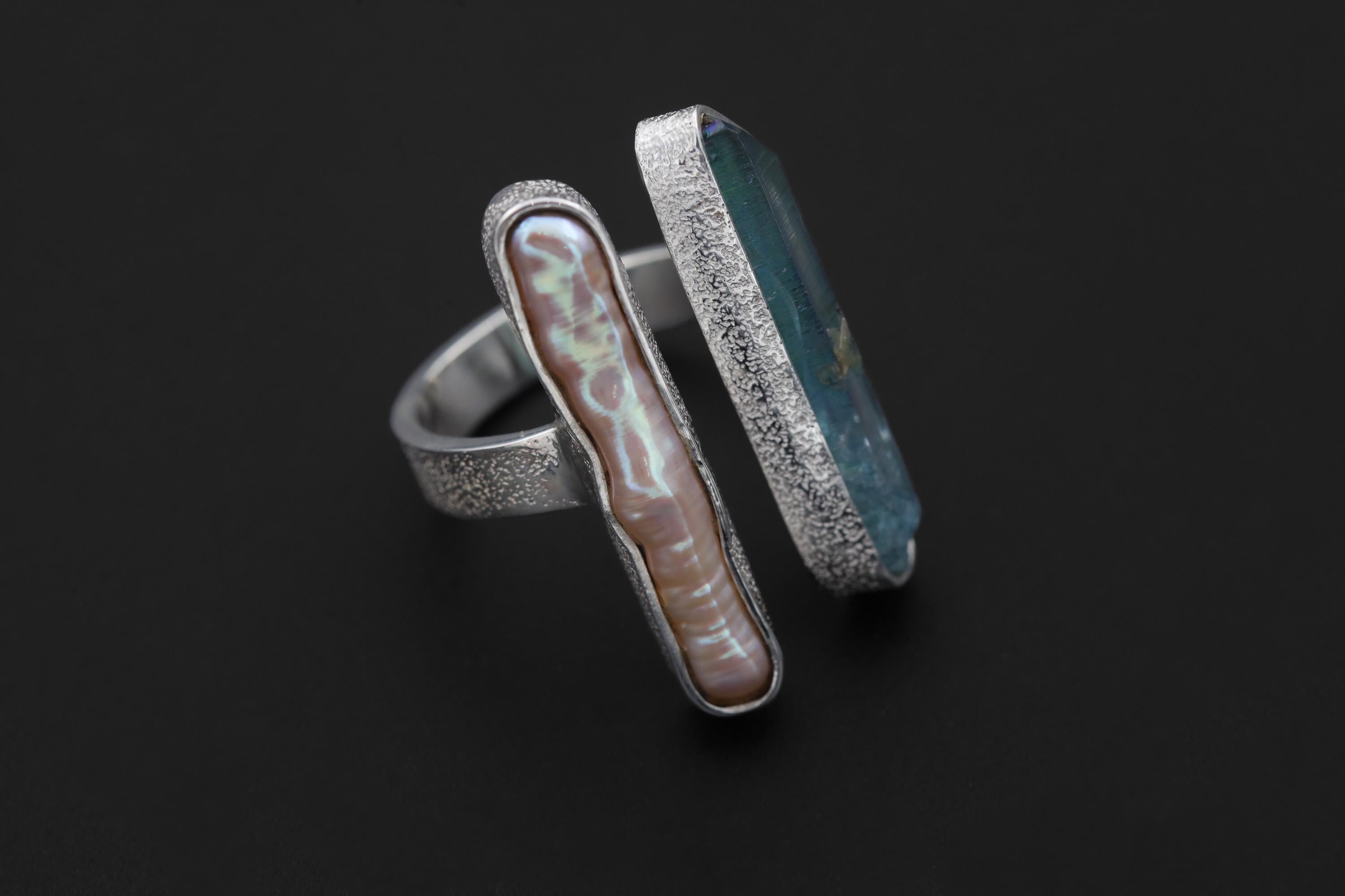 Pearl Aqua Aura Quartz Ring 925 Silver Adjustable Open Ring Organic Texture Statement Jewelry