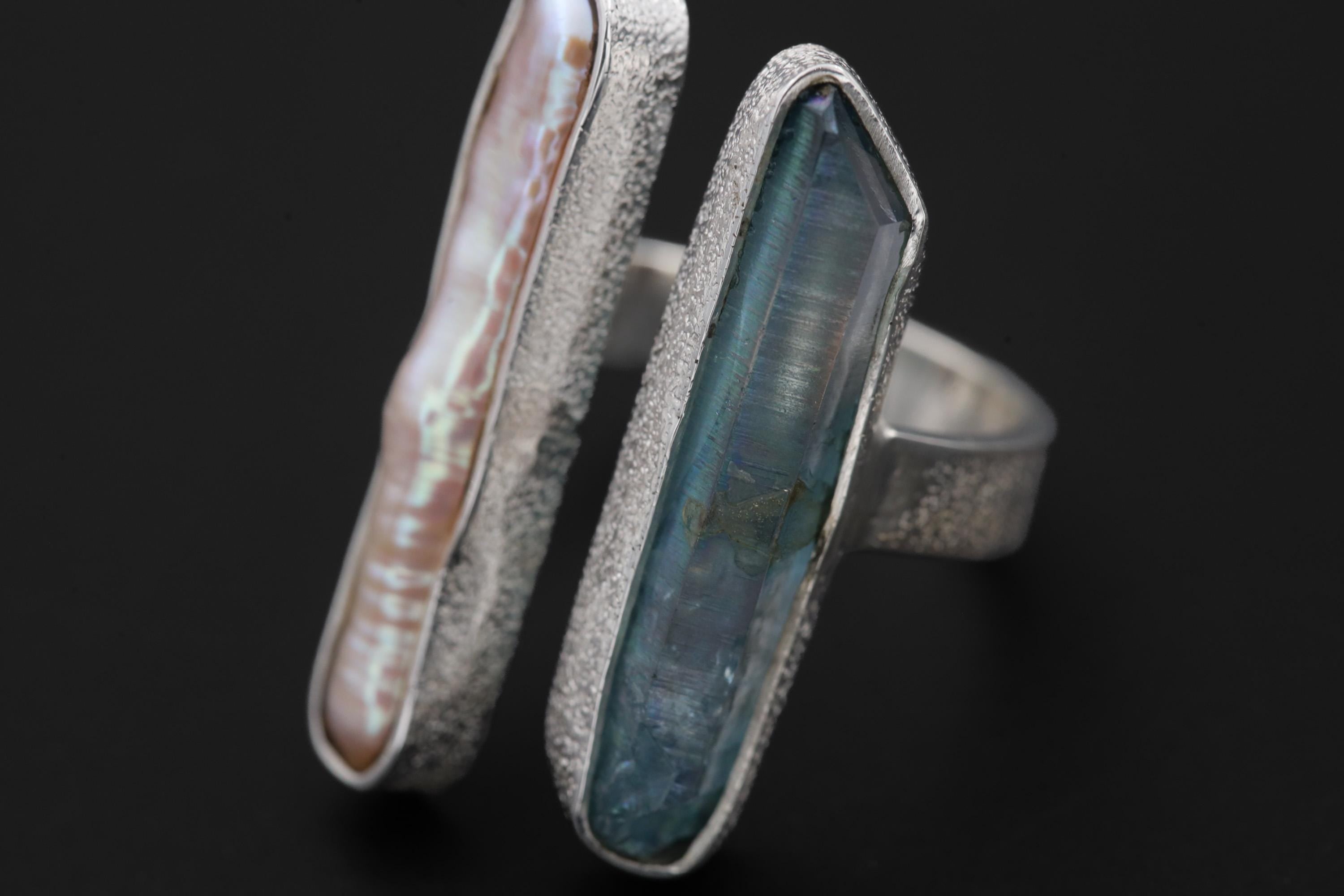 Pearl Aqua Aura Quartz Ring 925 Silver Adjustable Open Ring Organic Texture Statement Jewelry