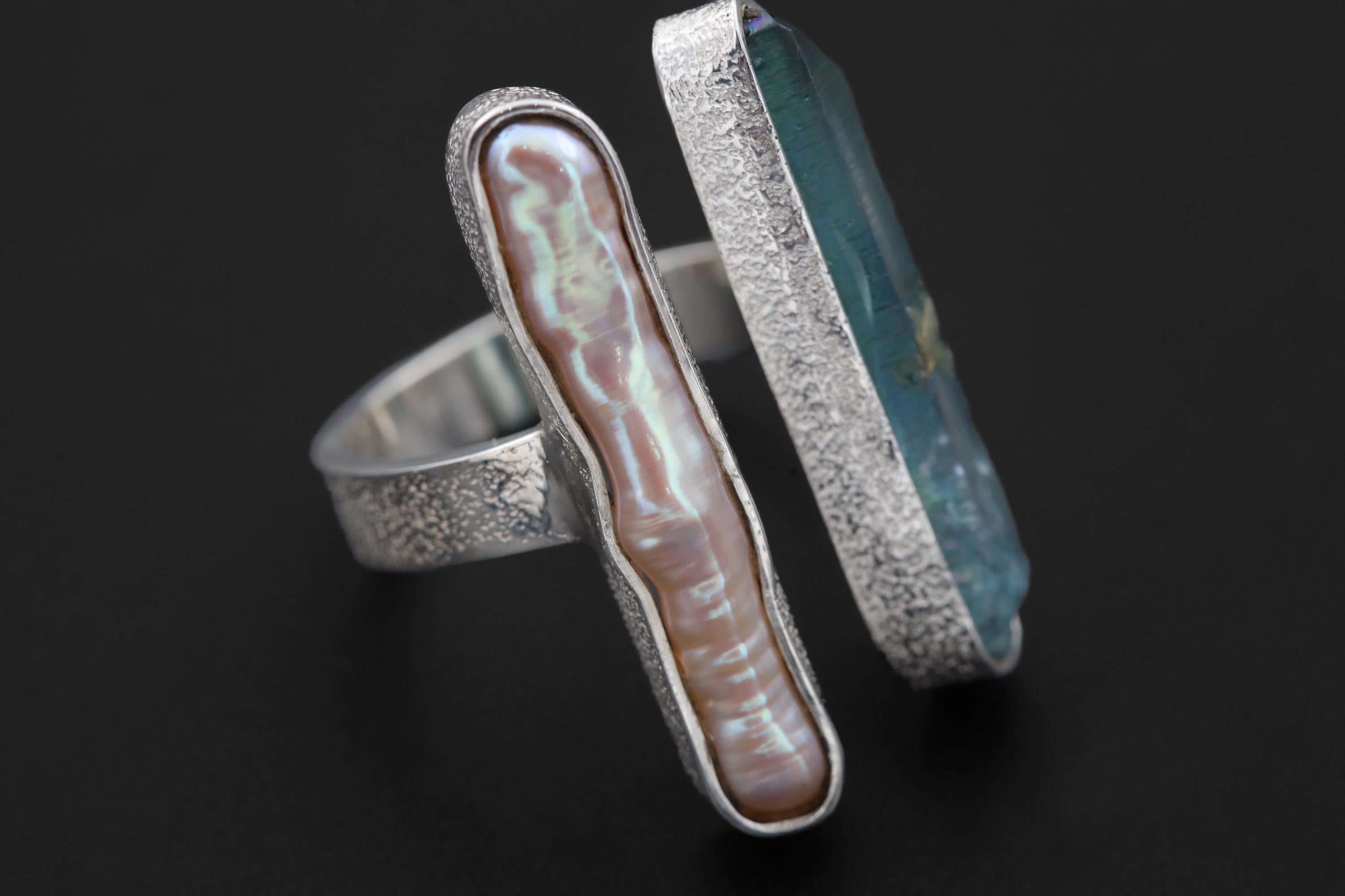 Pearl Aqua Aura Quartz Ring 925 Silver Adjustable Open Ring Organic Texture Statement Jewelry