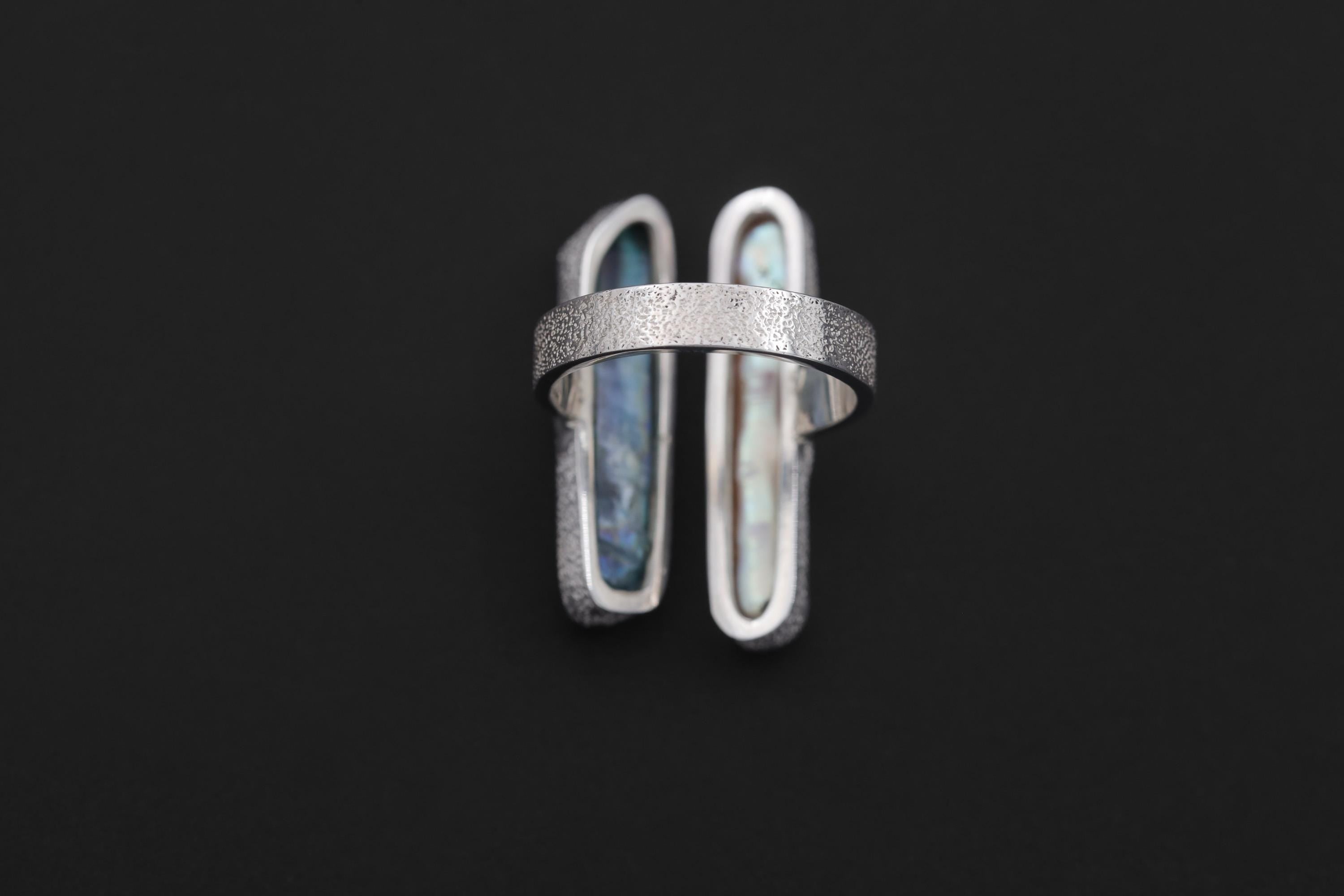 Pearl Aqua Aura Quartz Ring 925 Silver Adjustable Open Ring Organic Texture Statement Jewelry