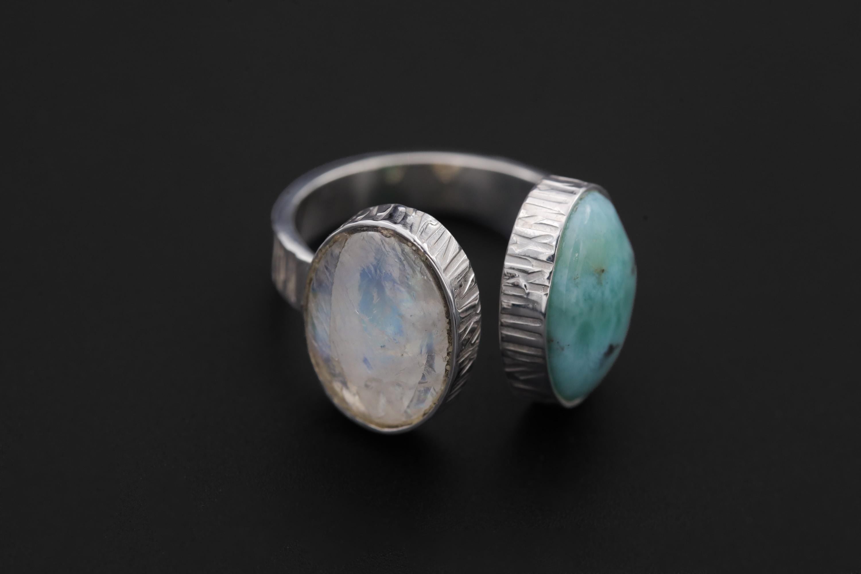 Larimar Blue Moonstone Ring 925 Silver Adjustable Open Dual Stone Statement Jewelry