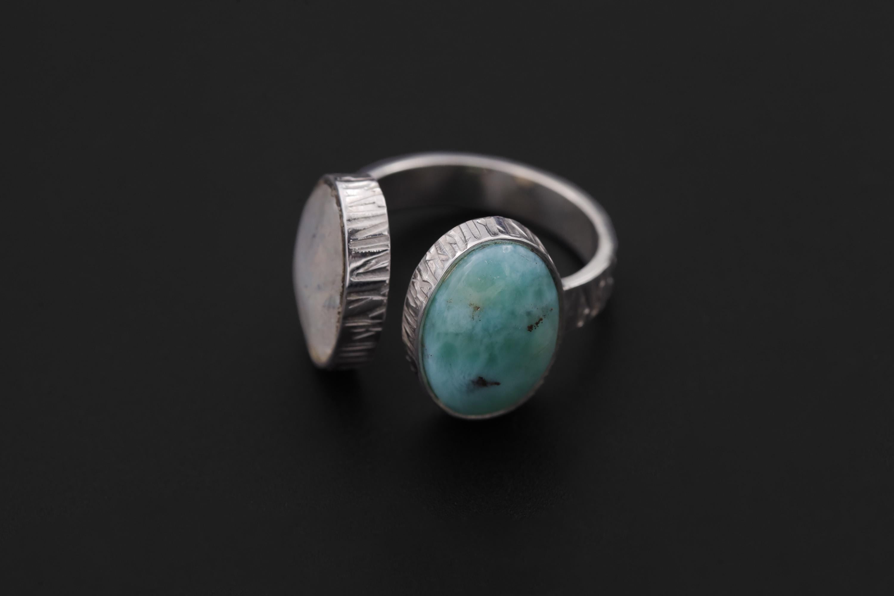 Larimar Blue Moonstone Ring 925 Silver Adjustable Open Dual Stone Statement Jewelry