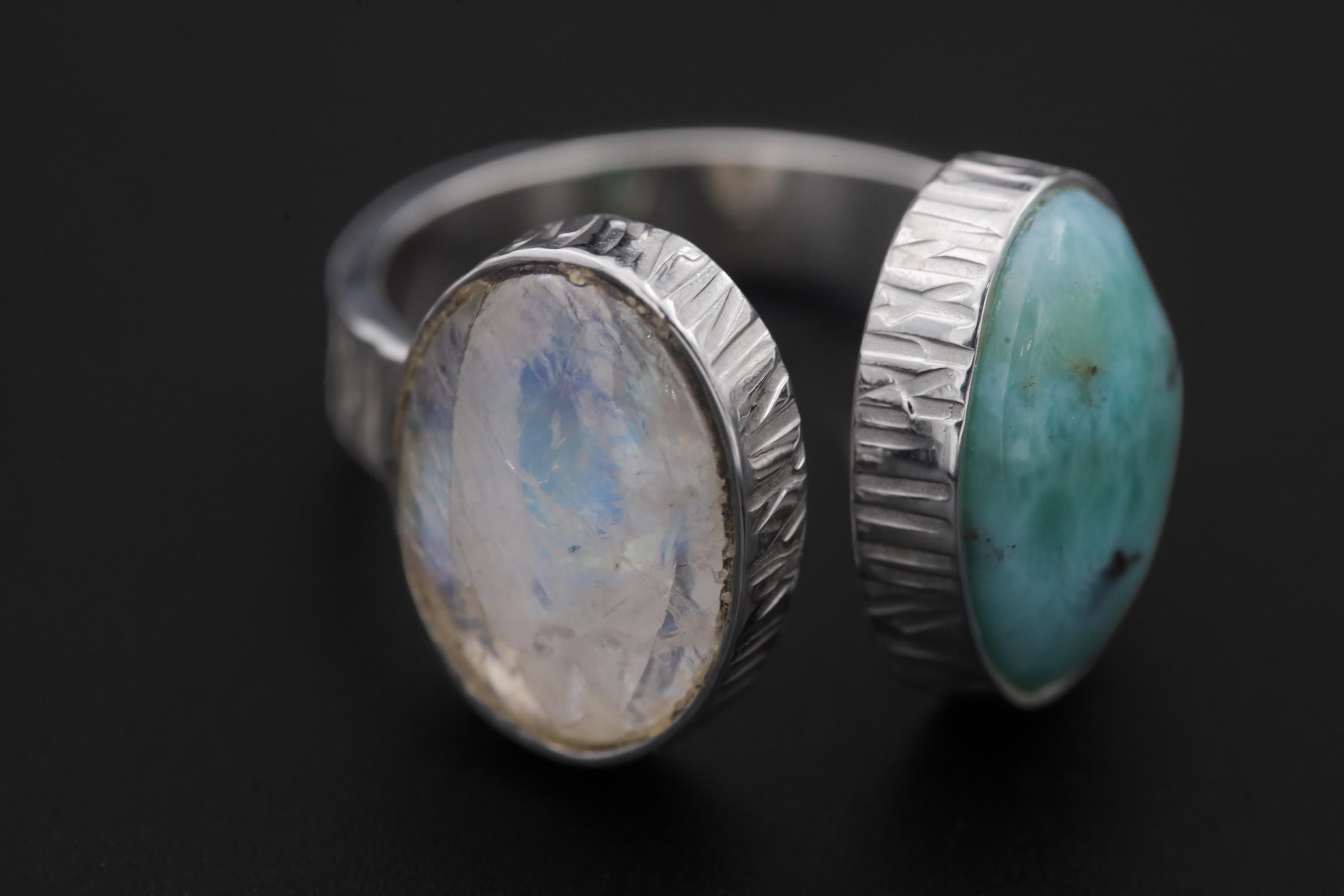 Larimar Blue Moonstone Ring 925 Silver Adjustable Open Dual Stone Statement Jewelry