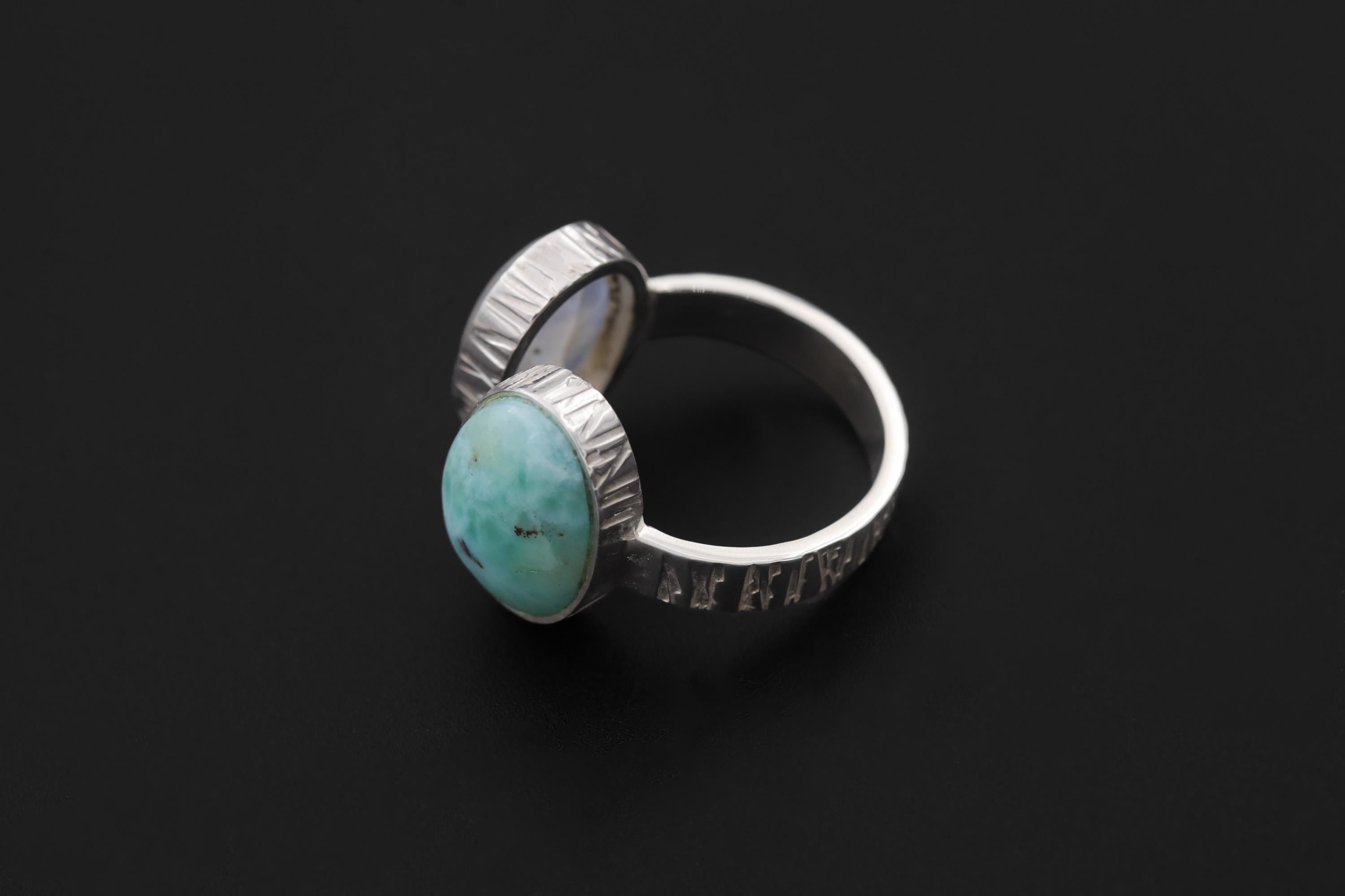 Larimar Blue Moonstone Ring 925 Sterling Silver Adjustable Hammered Band Throat Third Eye Chakra Gift