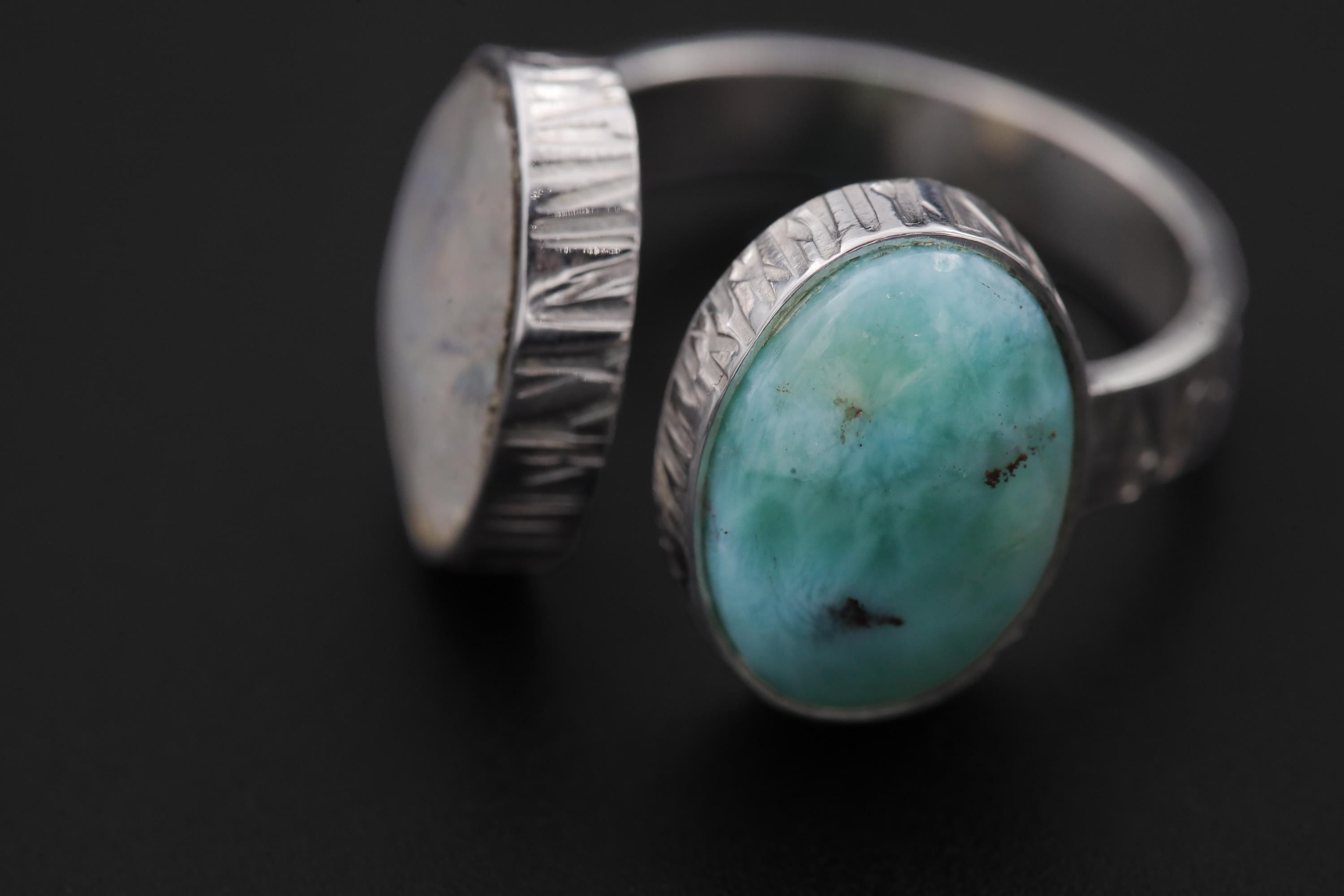 Larimar Blue Moonstone Ring 925 Sterling Silver Adjustable Hammered Band Throat Third Eye Chakra Gift