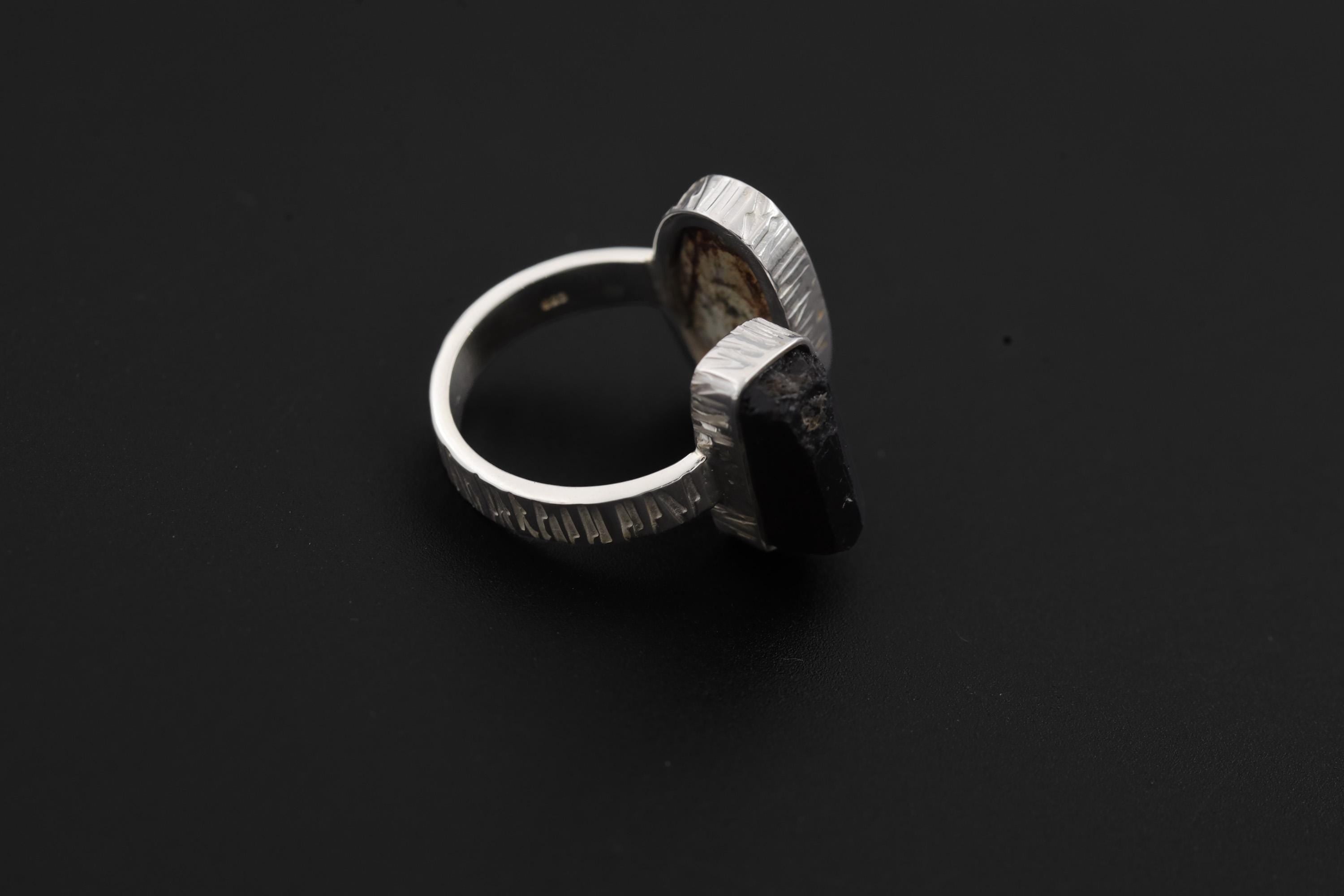 Turquoise Black Tourmaline Ring Sterling Silver Open Band Grounding Communication Crystal Jewelry Gift