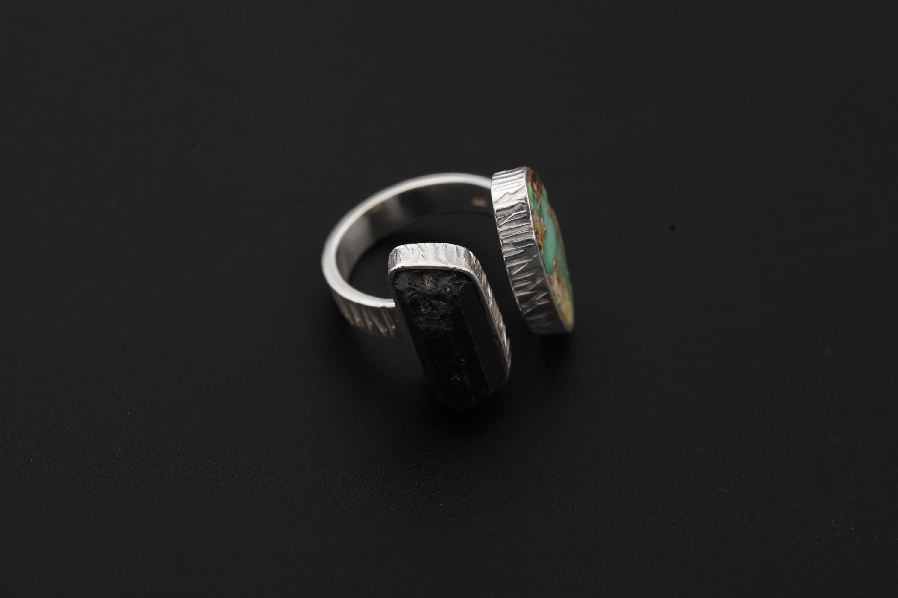Turquoise Black Tourmaline Ring Sterling Silver Open Band Grounding Communication Crystal Jewelry Gift