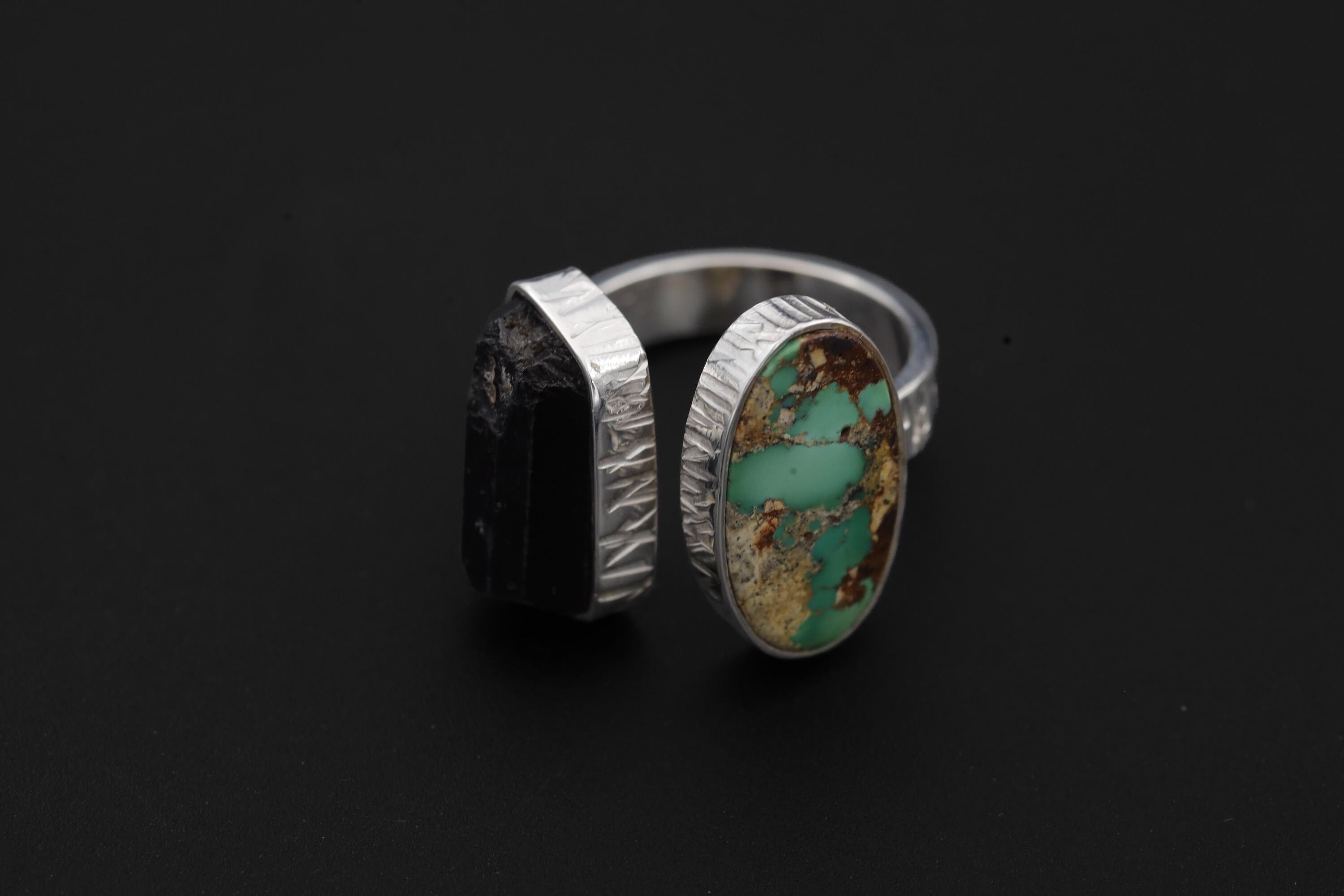 Turquoise Black Tourmaline Ring Sterling Silver Open Band Grounding Communication Crystal Jewelry Gift