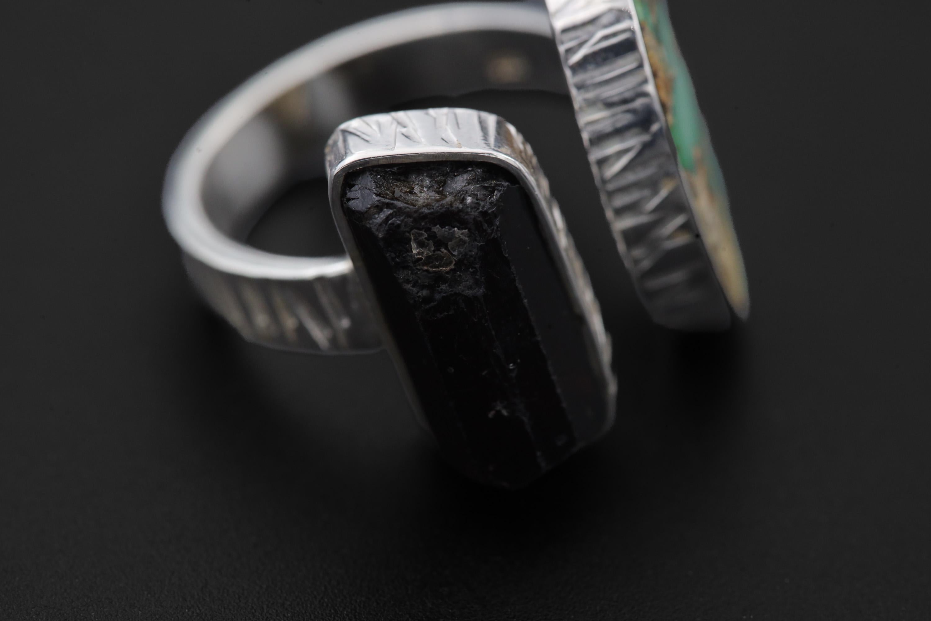 Turquoise Black Tourmaline Ring Sterling Silver Open Band Grounding Communication Crystal Jewelry Gift