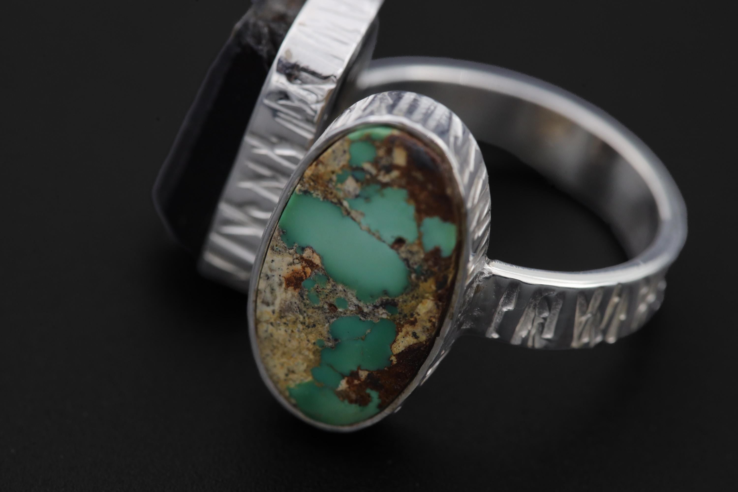 Turquoise Black Tourmaline Ring Sterling Silver Open Band Grounding Communication Crystal Jewelry Gift