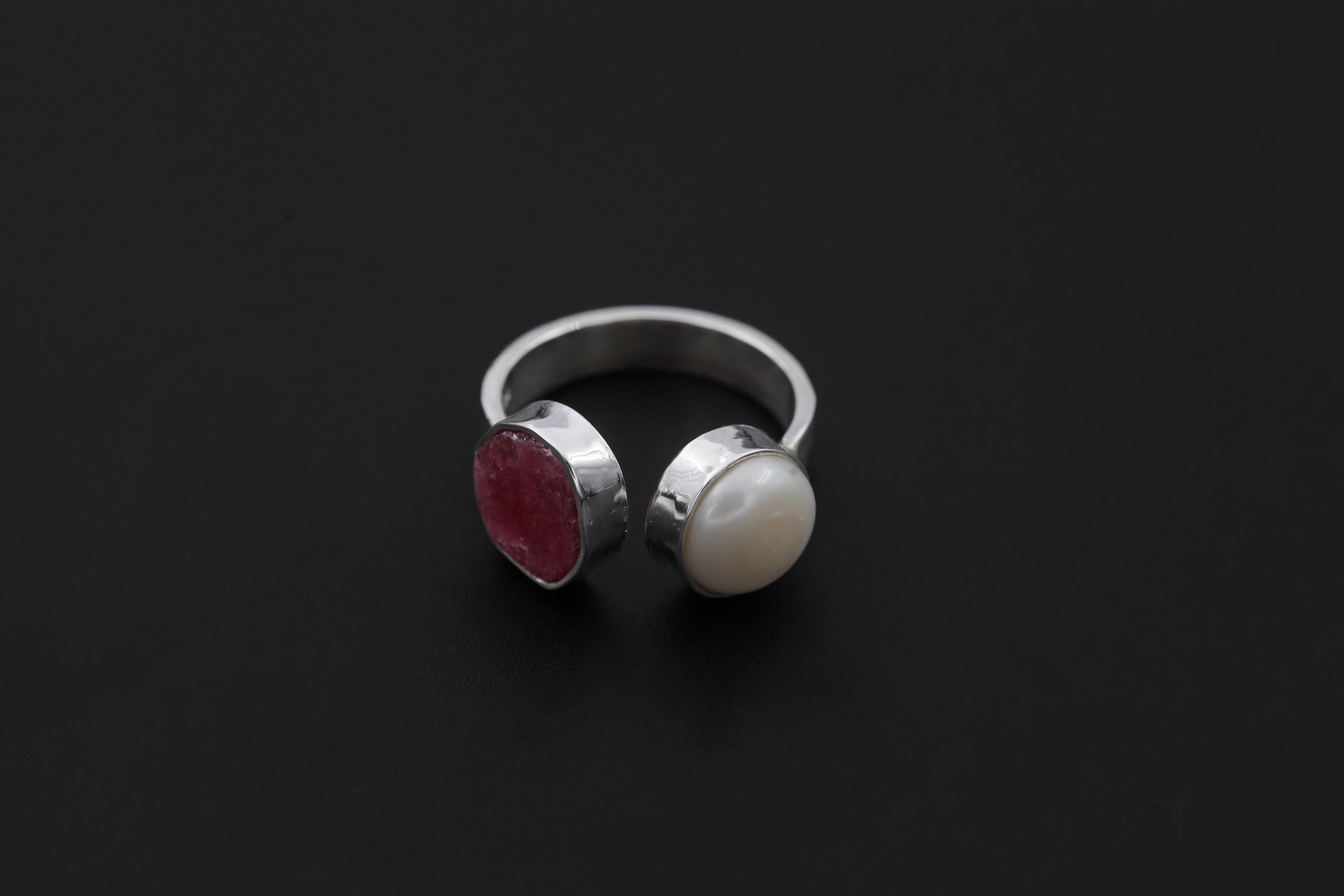 Ruby South Sea Pearl Ring 925 Sterling Silver Adjustable Hammered Band Heart Root Chakra July Birthstone Gift