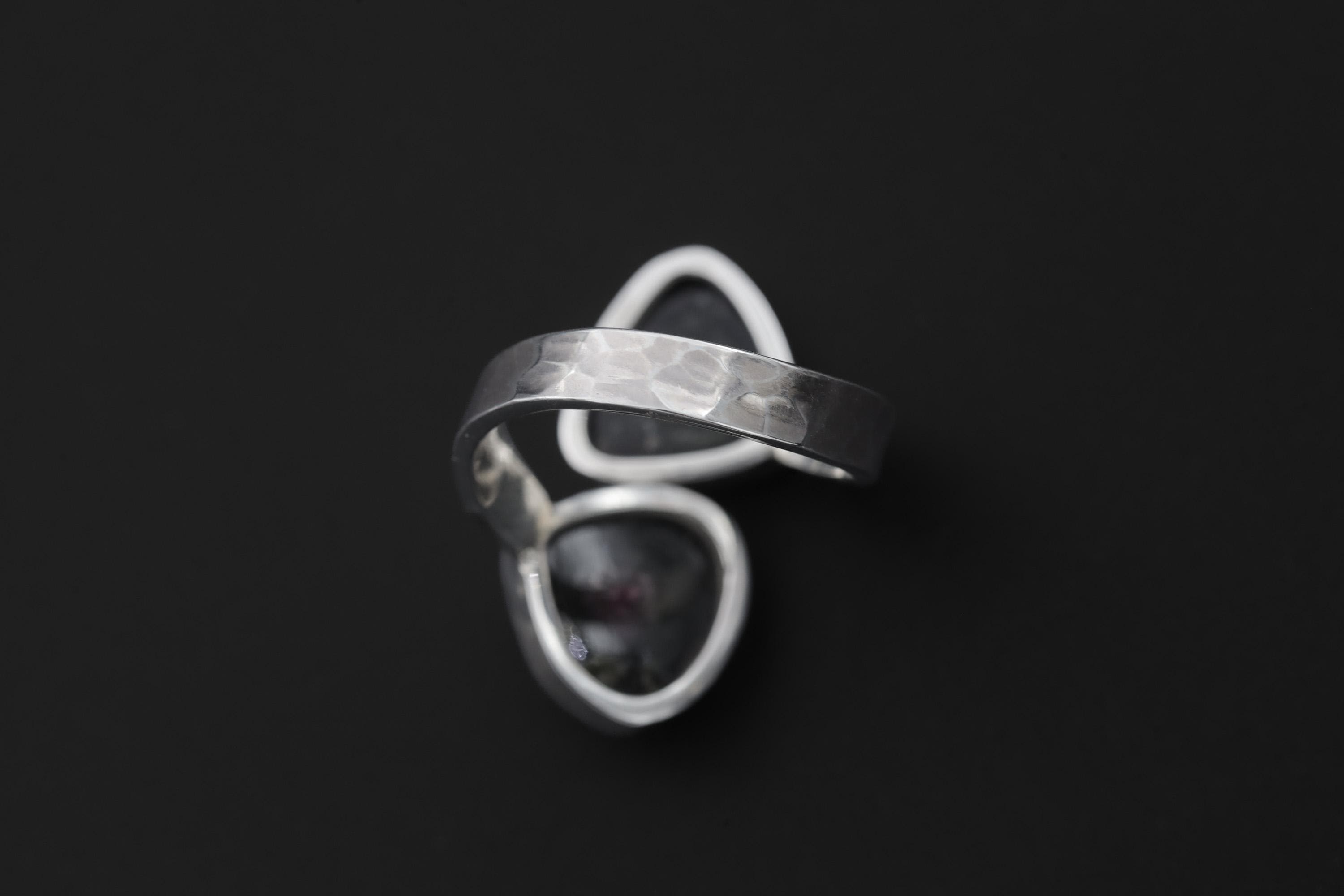 Dual Tourmaline Ring, 925 Sterling Silver Adjustable Open Band