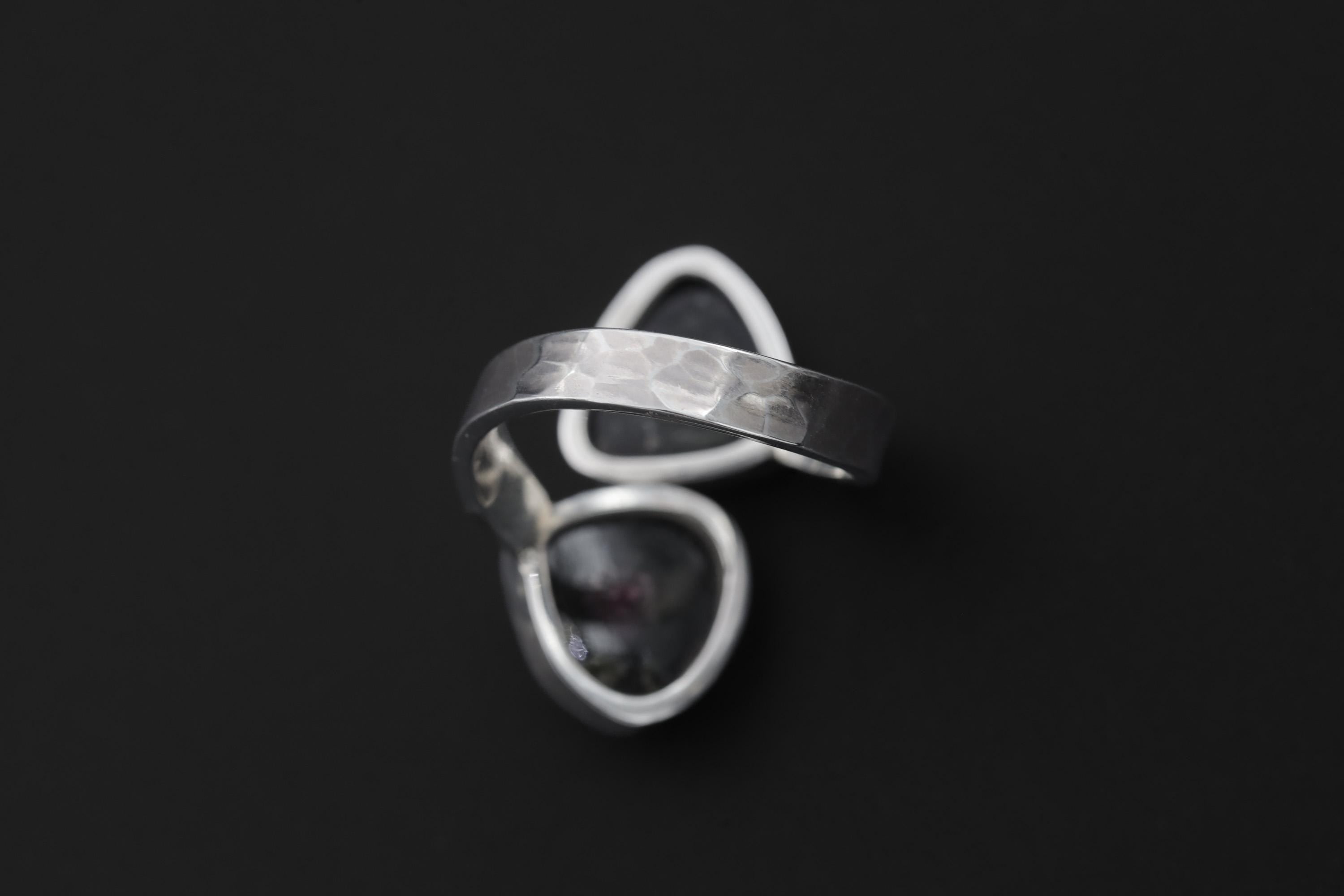 Dual Tourmaline Ring, 925 Sterling Silver Adjustable Open Band