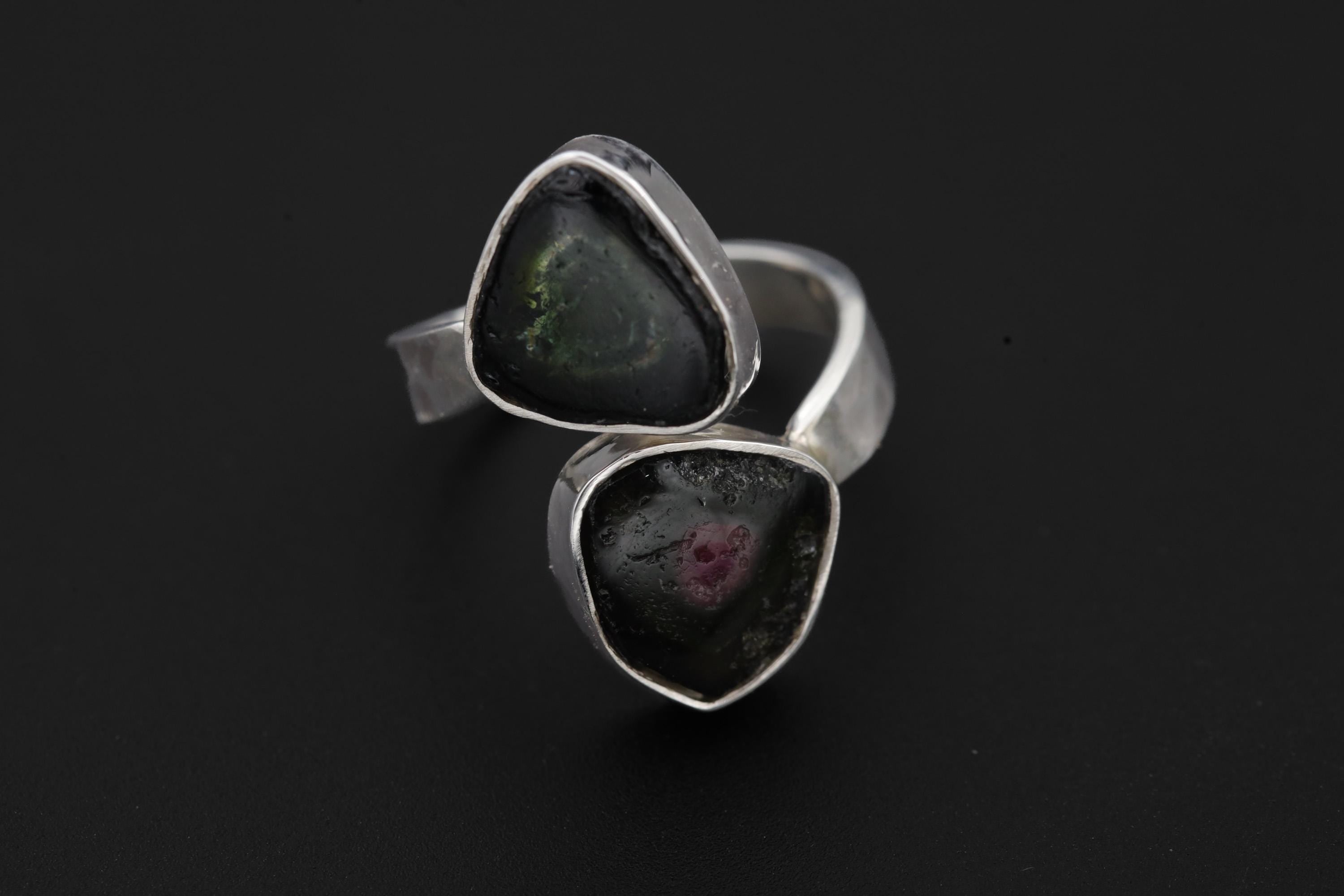 Dual Tourmaline Ring, 925 Sterling Silver Adjustable Open Band