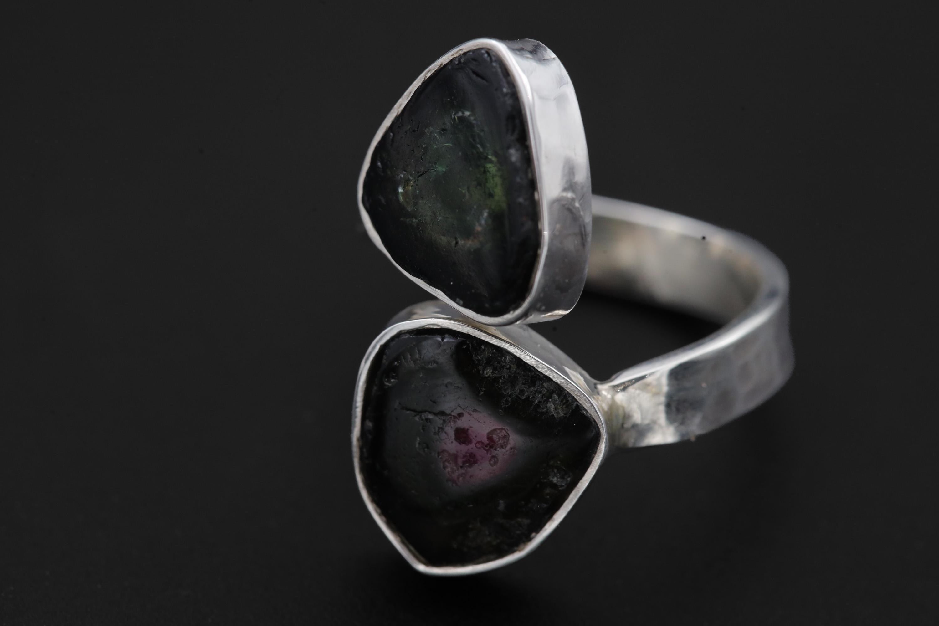 Dual Tourmaline Ring, 925 Sterling Silver Adjustable Open Band