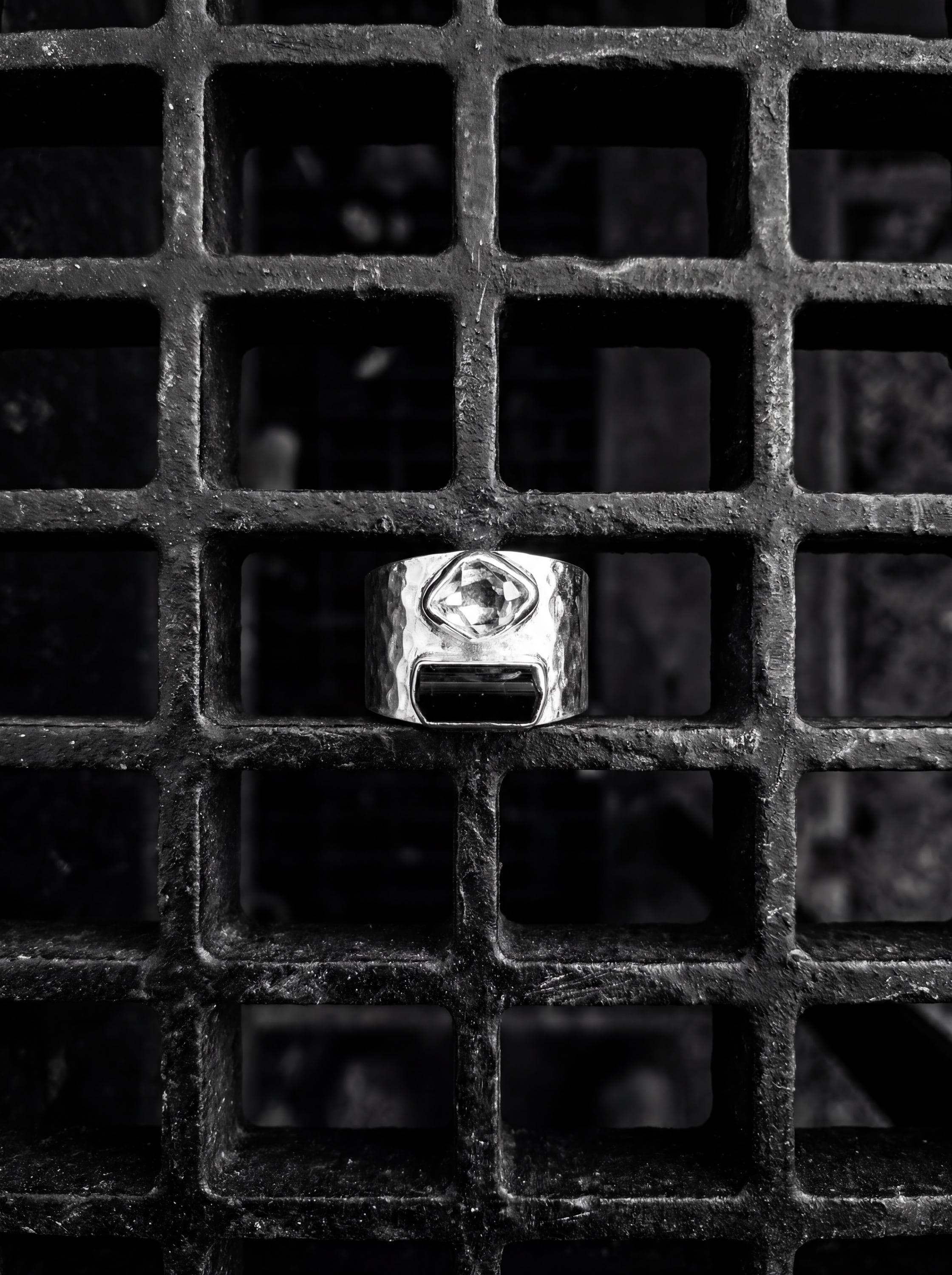 Hammered Sterling Silver Ring: Raw Black Tourmaline & Herkimer Diamond, Adjustable