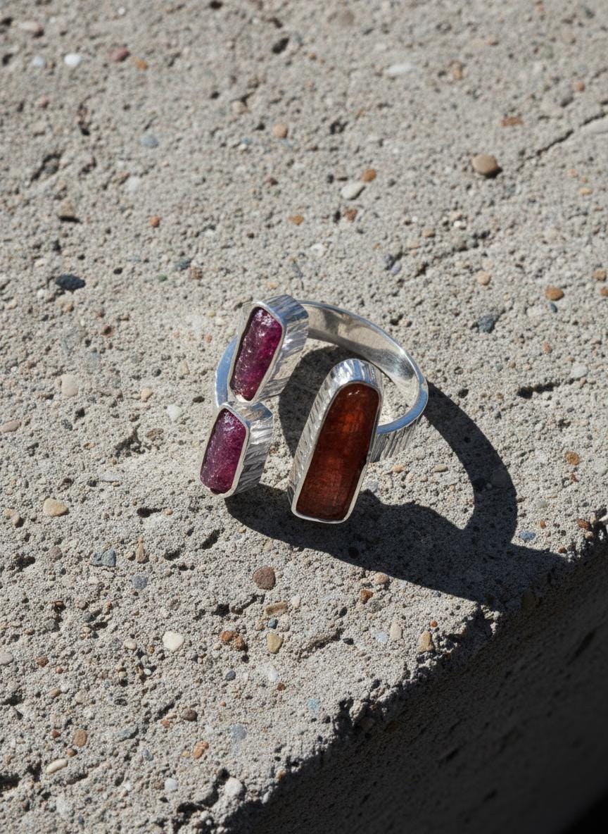 Red Kyanite Ruby Ring 925 Silver Adjustable Open Multi Stone Statement Jewelry