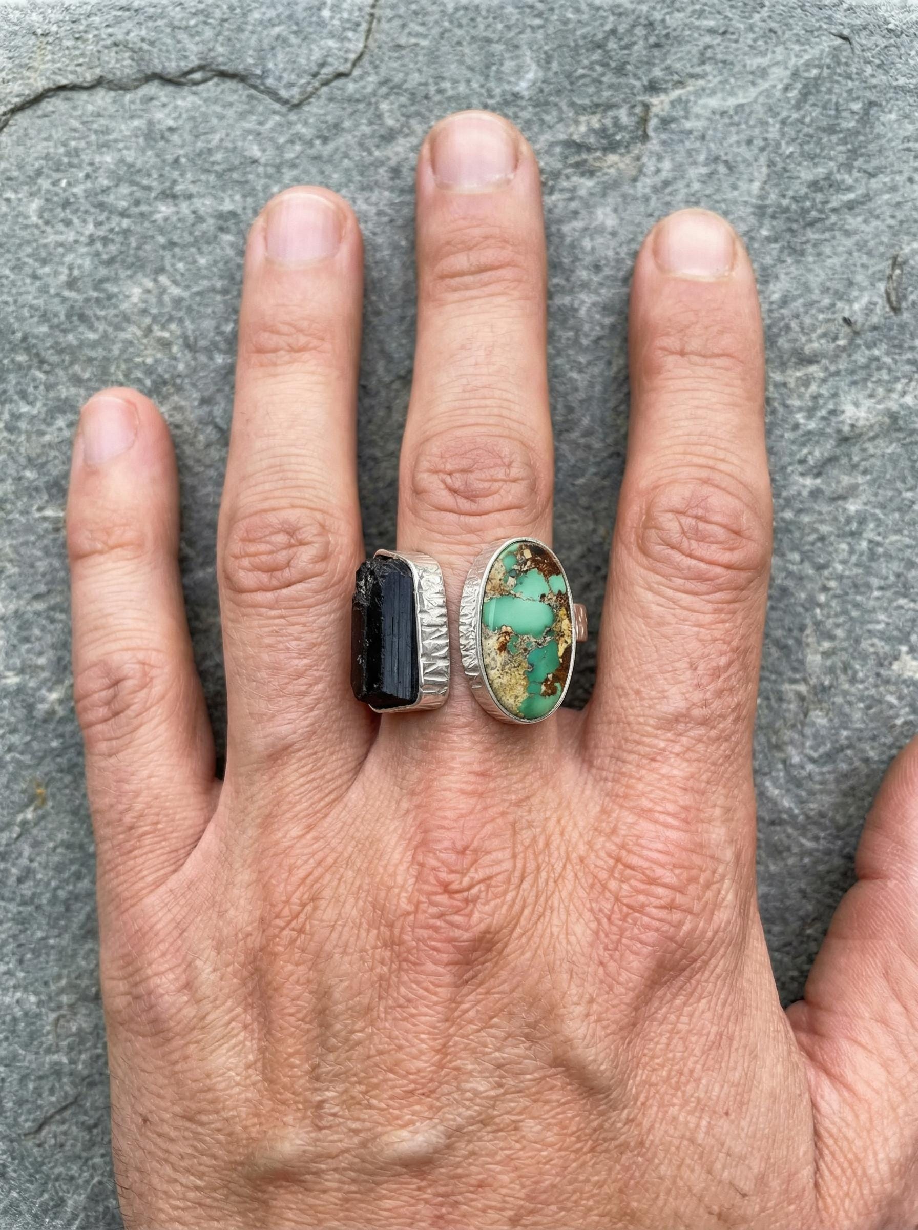 Turquoise Black Tourmaline Ring Sterling Silver Open Band Grounding Communication Crystal Jewelry Gift