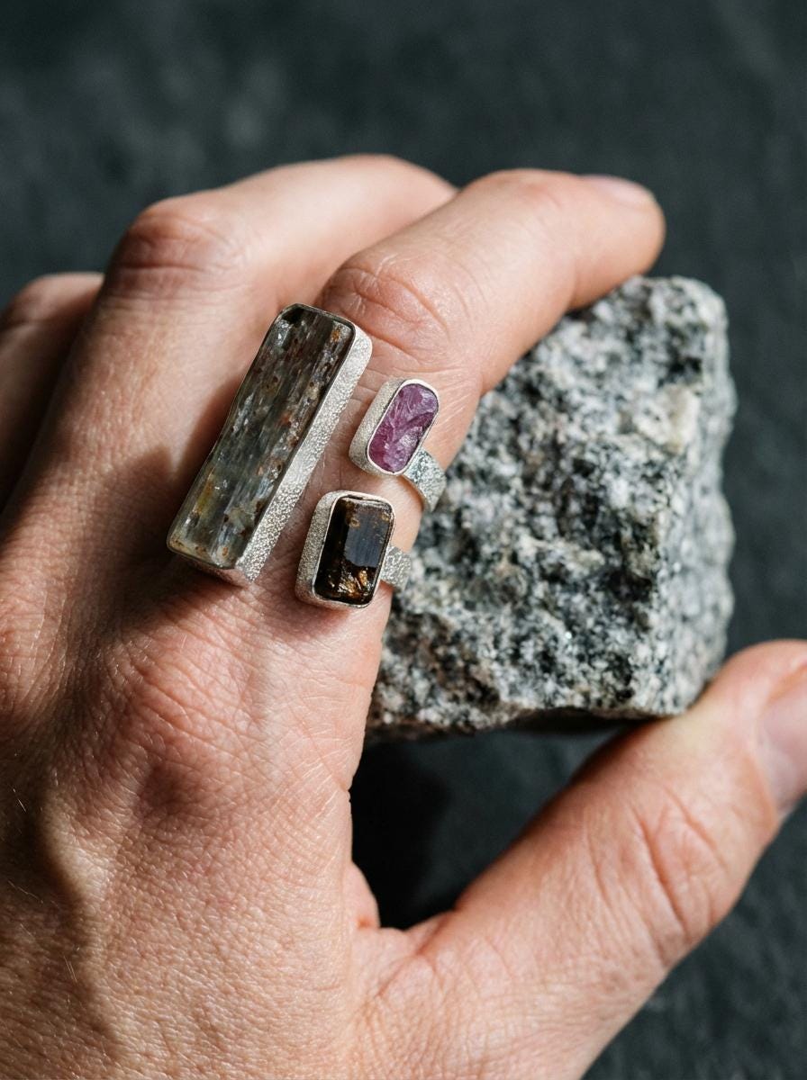 Raw Aquamarine Ruby Brown Tourmaline Ring Sterling Silver Open Band Grounding Vitality Crystal Jewelry Gift