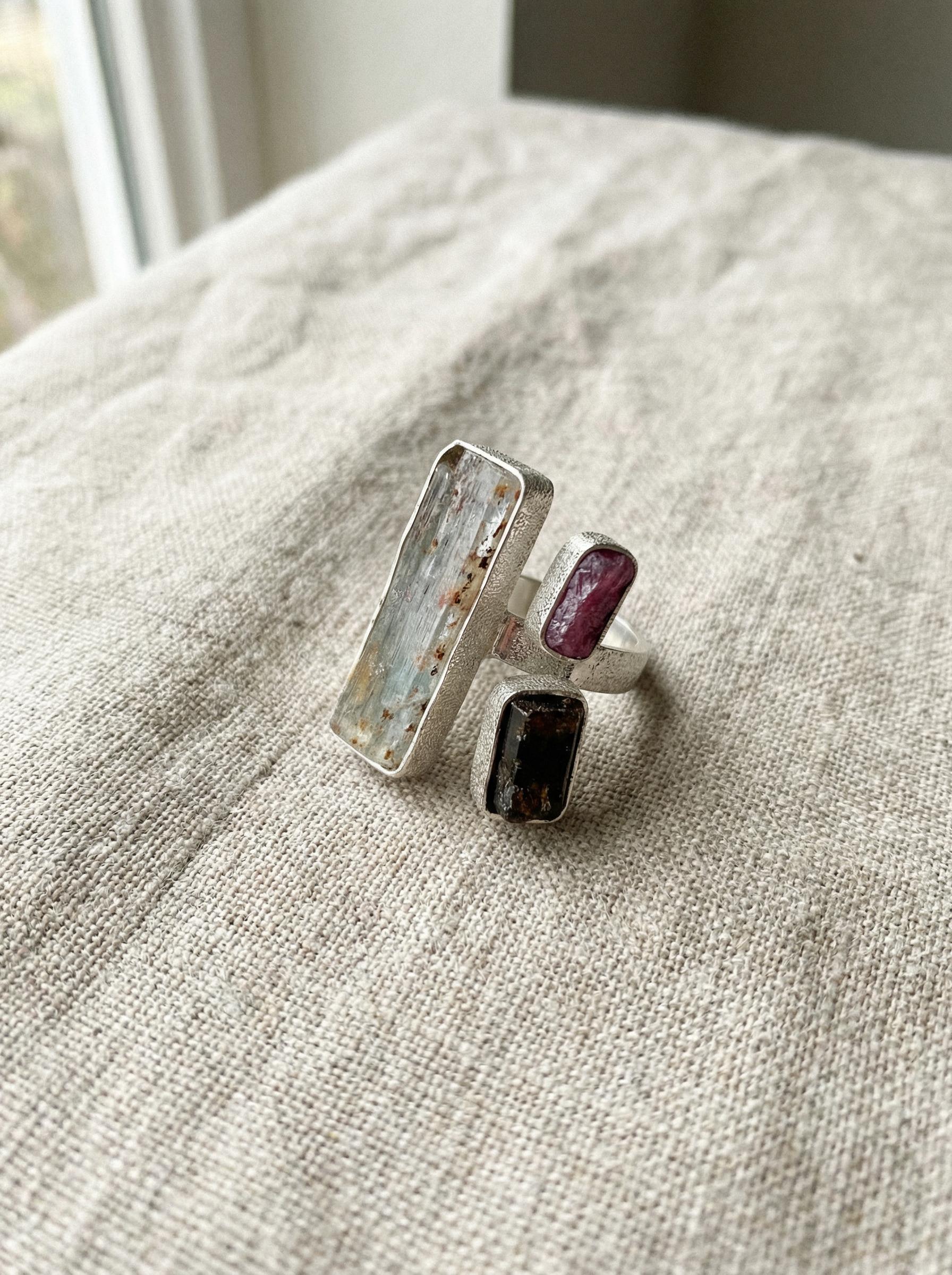 Raw Aquamarine Ruby Brown Tourmaline Ring Sterling Silver Open Band Grounding Vitality Crystal Jewelry Gift