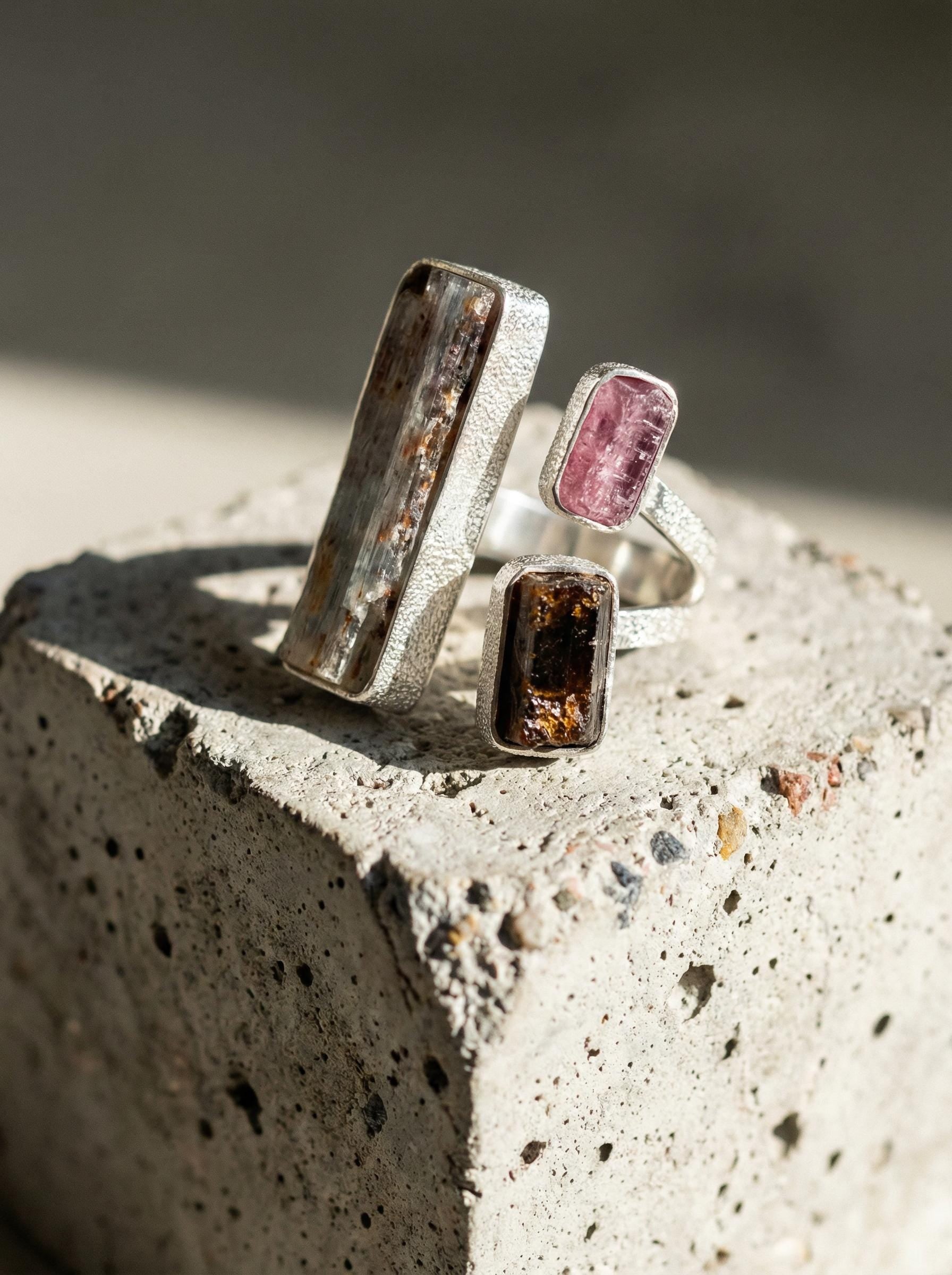 Raw Aquamarine Ruby Brown Tourmaline Ring Sterling Silver Open Band Grounding Vitality Crystal Jewelry Gift