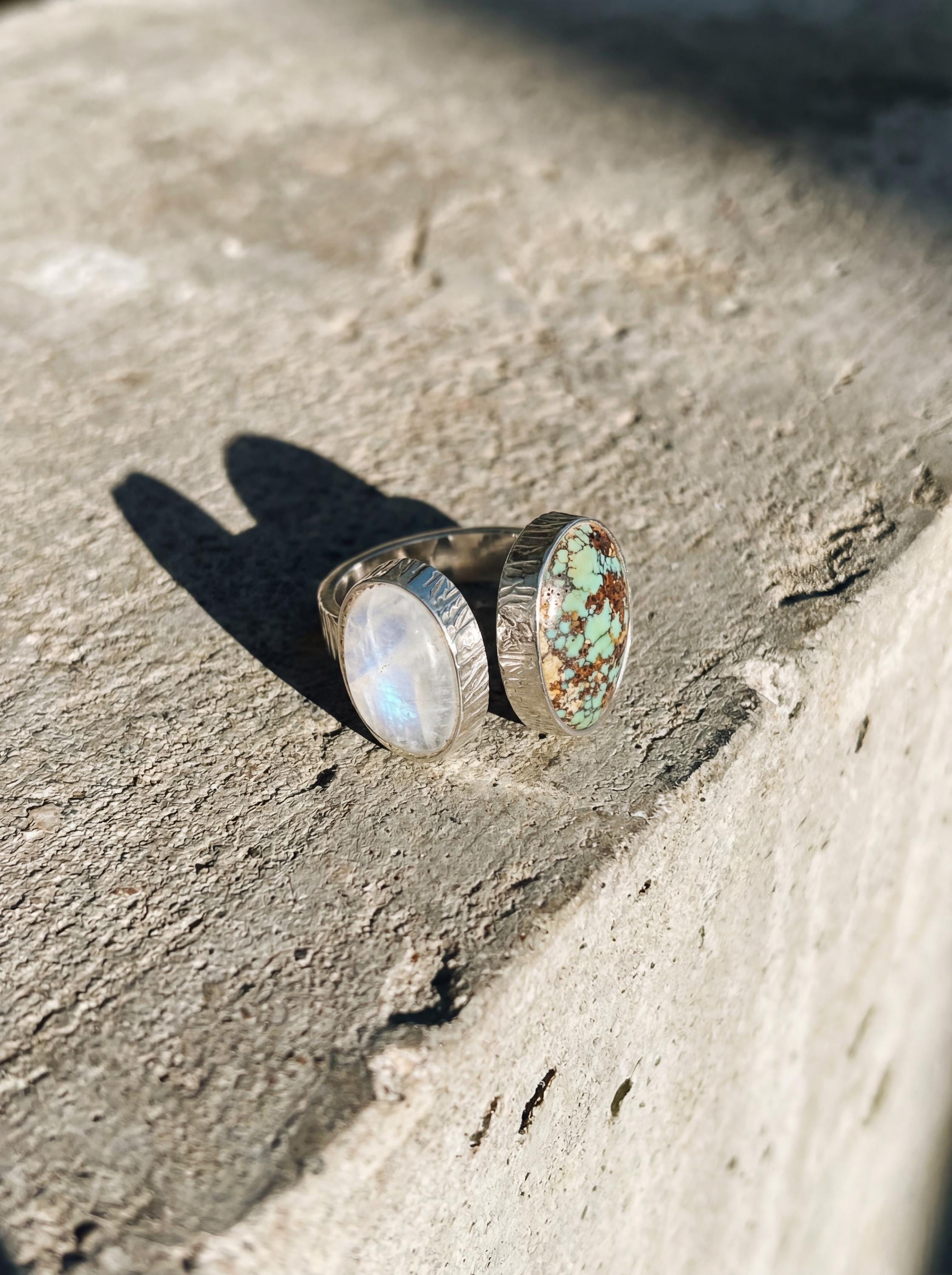 Blue Moonstone Turquoise Ring 925 Sterling Silver Adjustable Hammered Band Third Eye Throat Chakra Gift