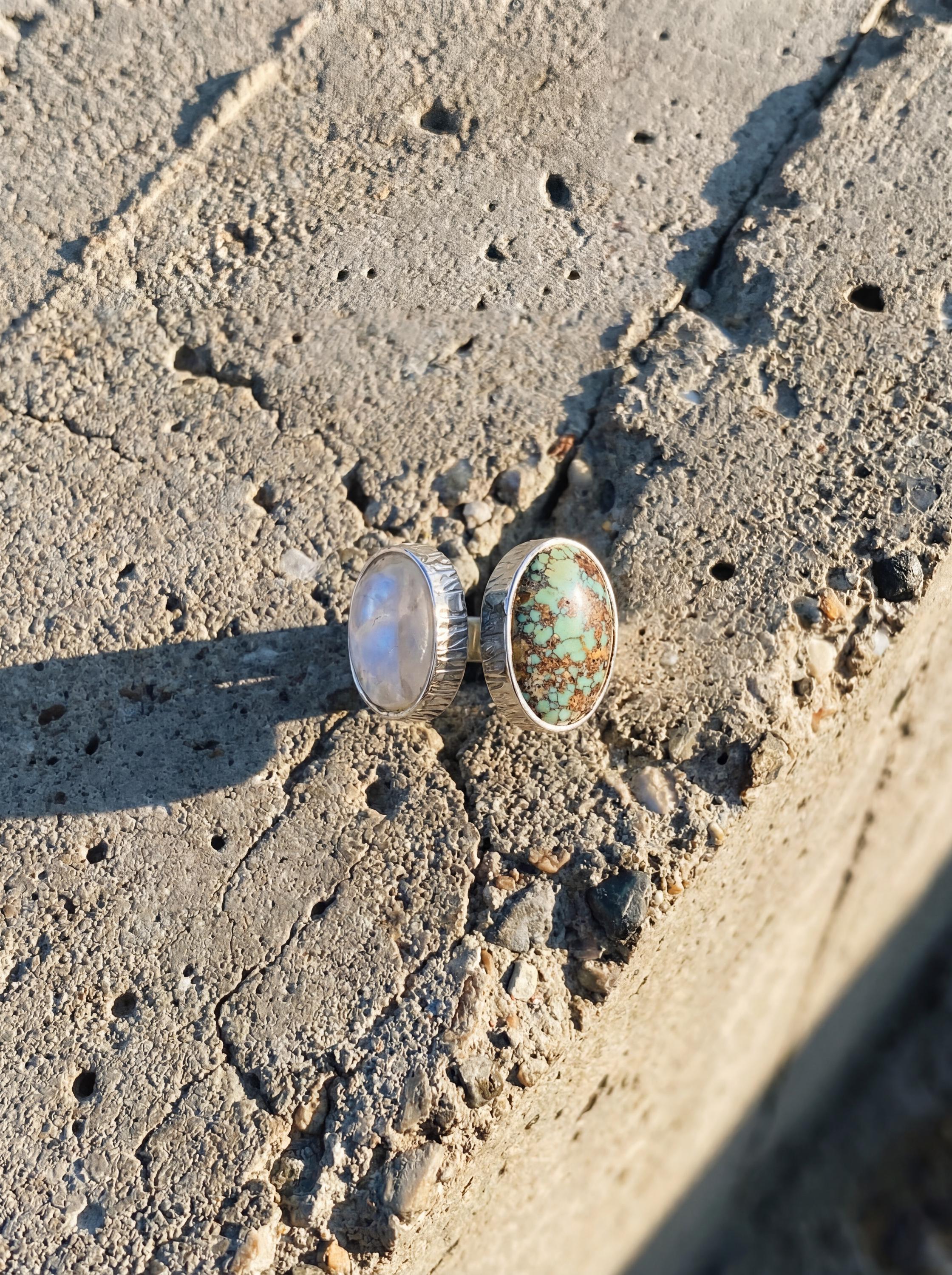 Blue Moonstone Turquoise Ring 925 Sterling Silver Adjustable Hammered Band Third Eye Throat Chakra Gift